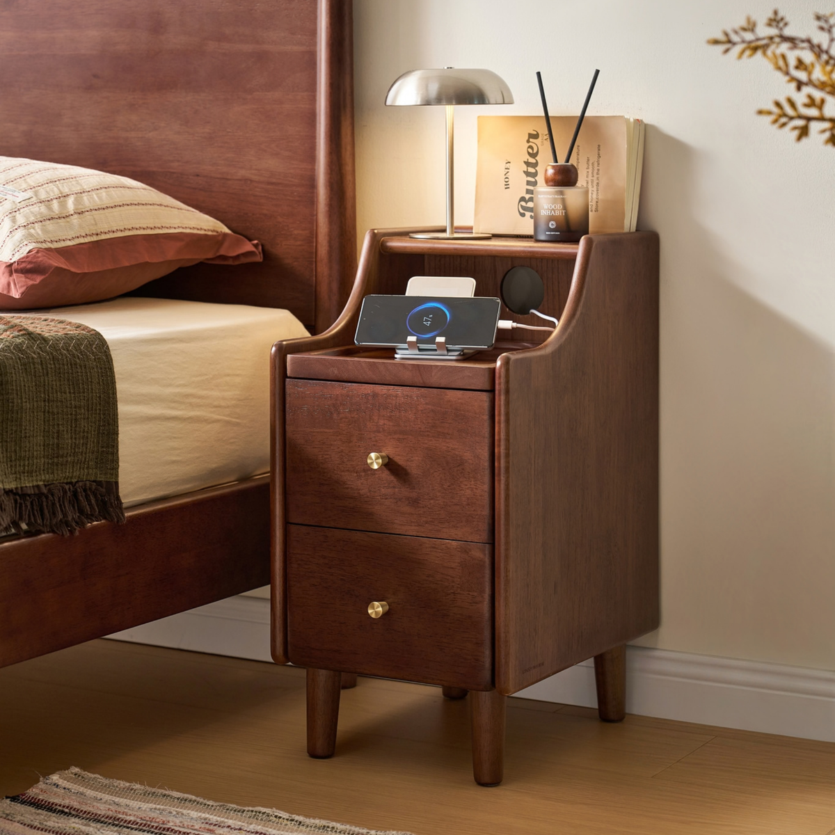 Linspire Halden Solid Wood 2-Drawer Bedside Table, Dark Wood