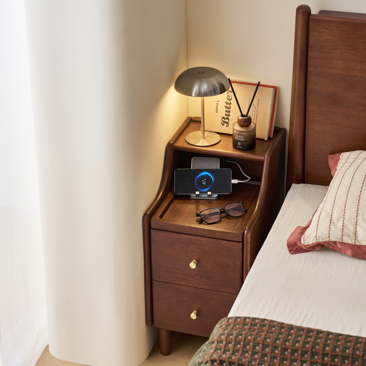 Linspire Halden Solid Wood 2-Drawer Bedside Table, Dark Wood