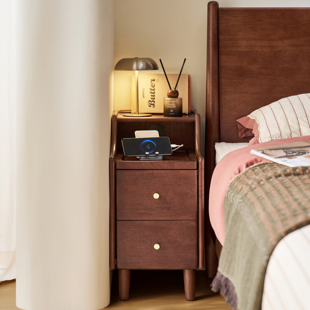 Linspire Halden Solid Wood 2-Drawer Bedside Table, Dark Wood