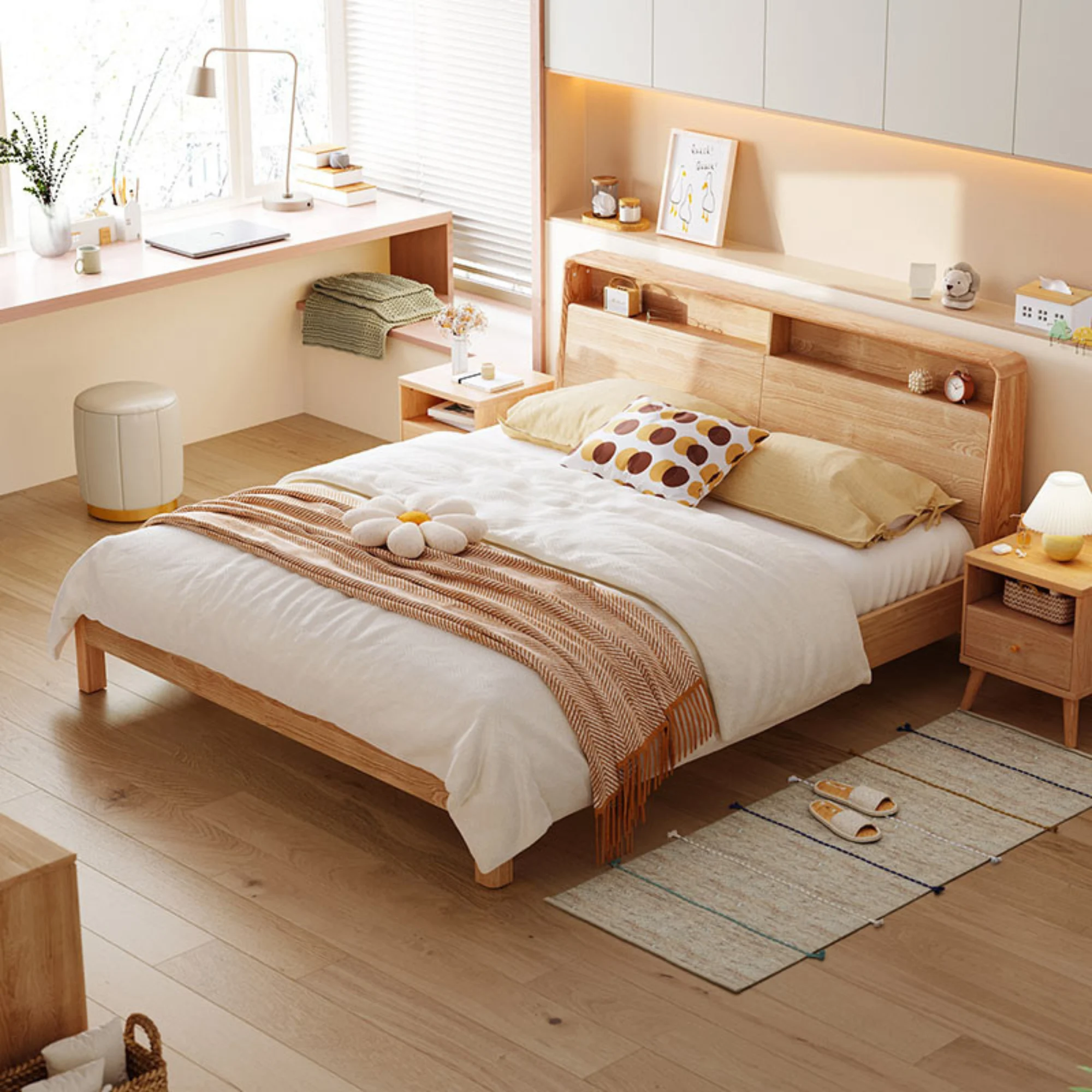 Linspire Aspire Bed Frame With Storage Headboard, Natural Wood