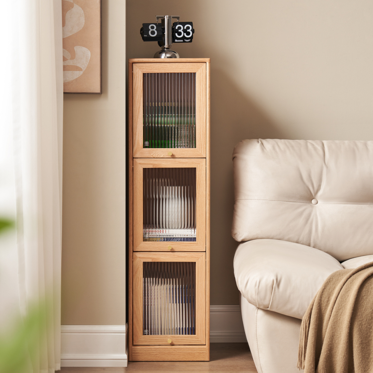 Solidwood Hemura 3-Door Bookcase, Oak