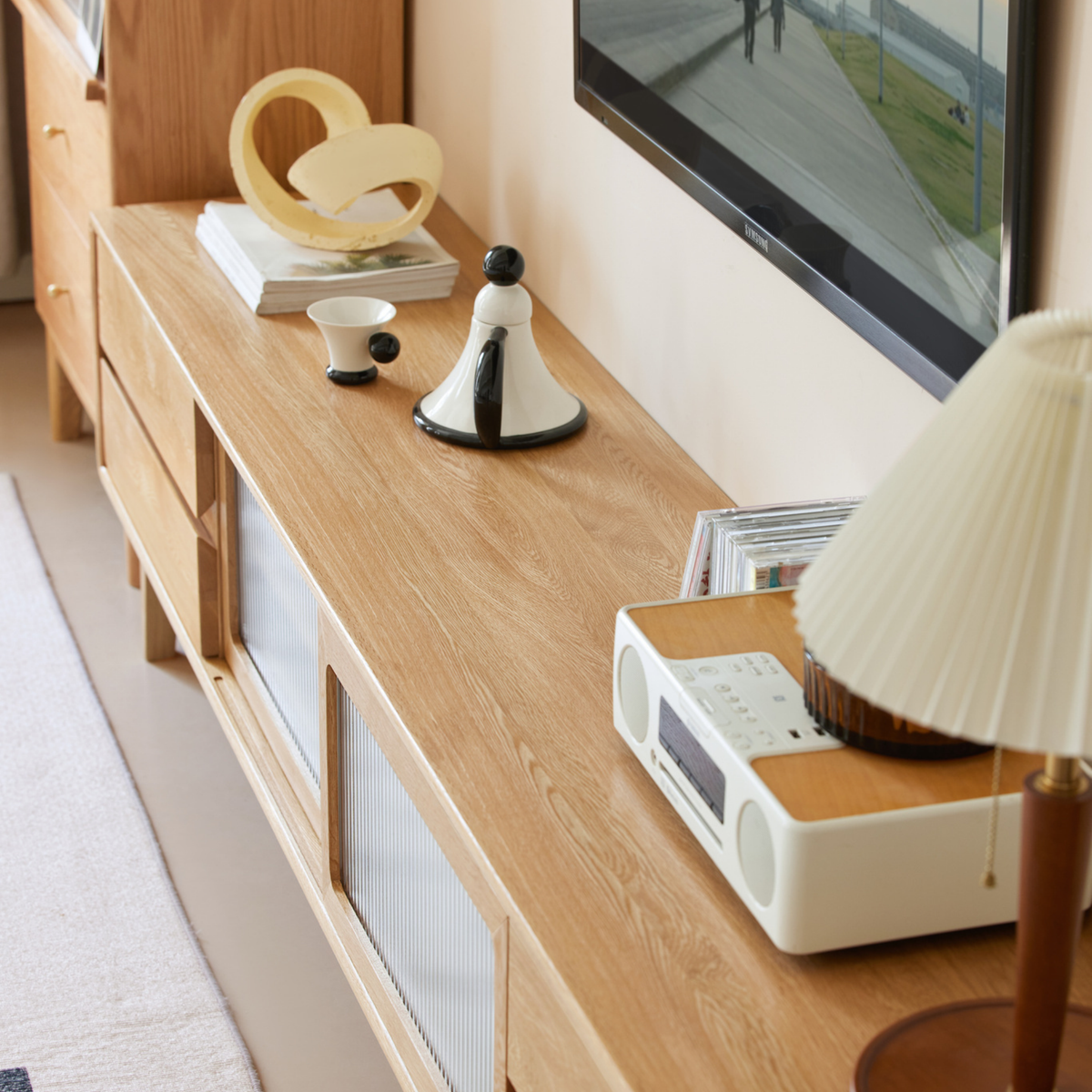 Solidwood Rainer W200cm Sliding-Doors Entertainment Unit, Oak