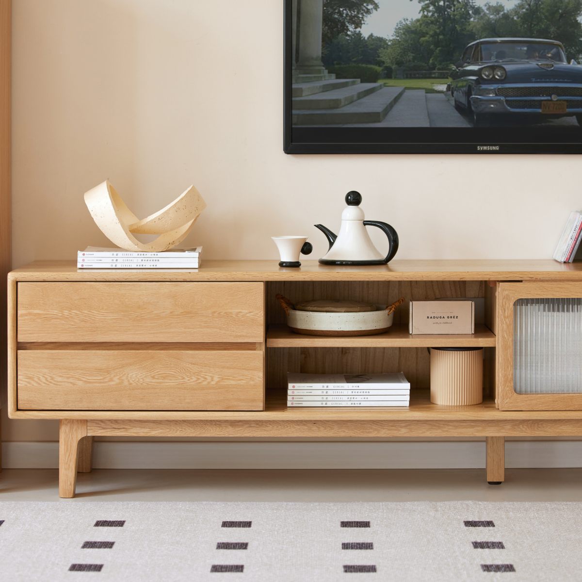 Solidwood Rainer W200cm Sliding-Doors Entertainment Unit, Oak