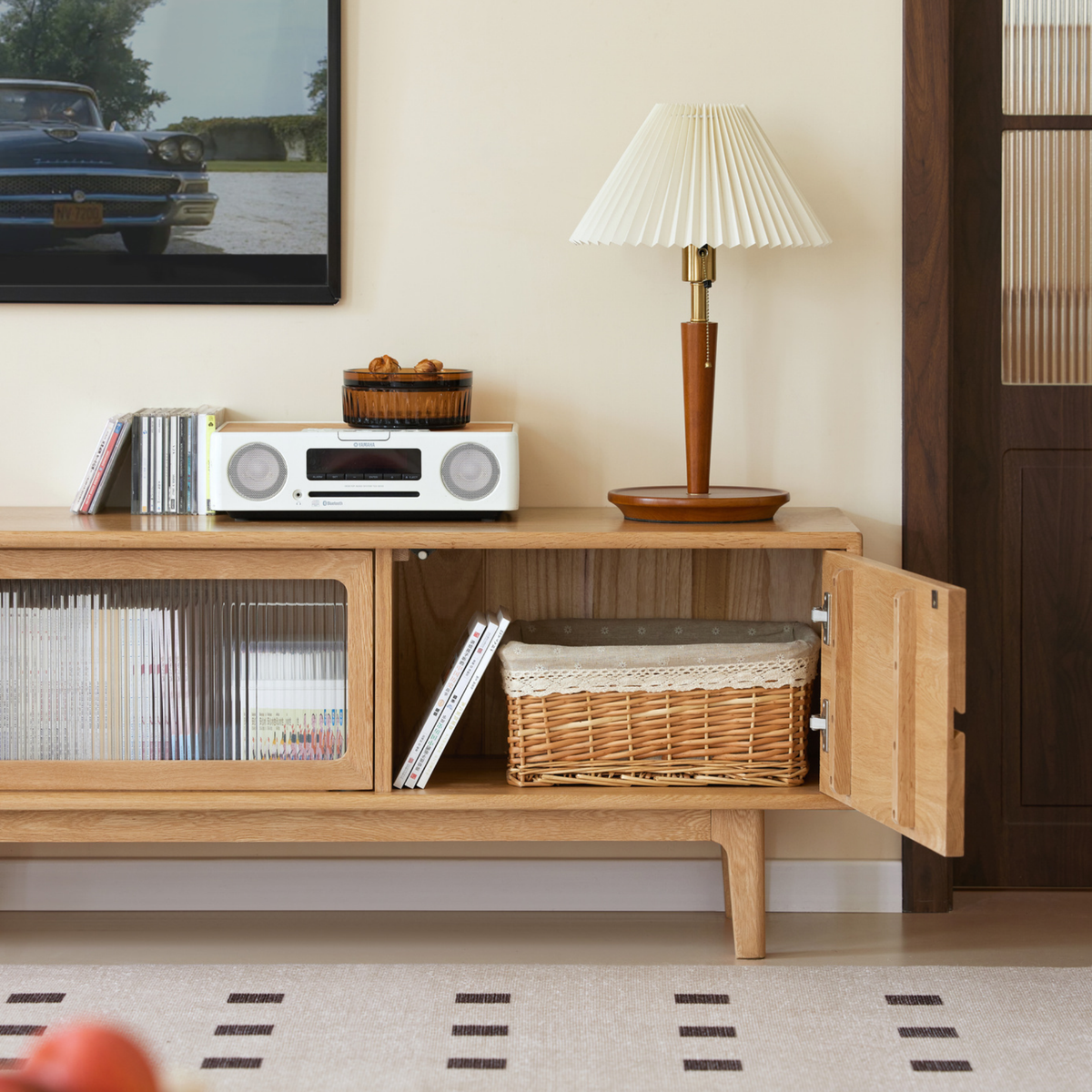 Solidwood Rainer W200cm Sliding-Doors Entertainment Unit, Oak