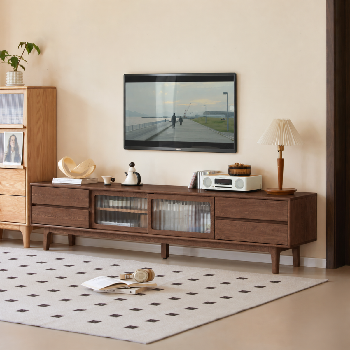 Solidwood Rainer W200cm Sliding-Doors Entertainment Unit, Walnut Oak
