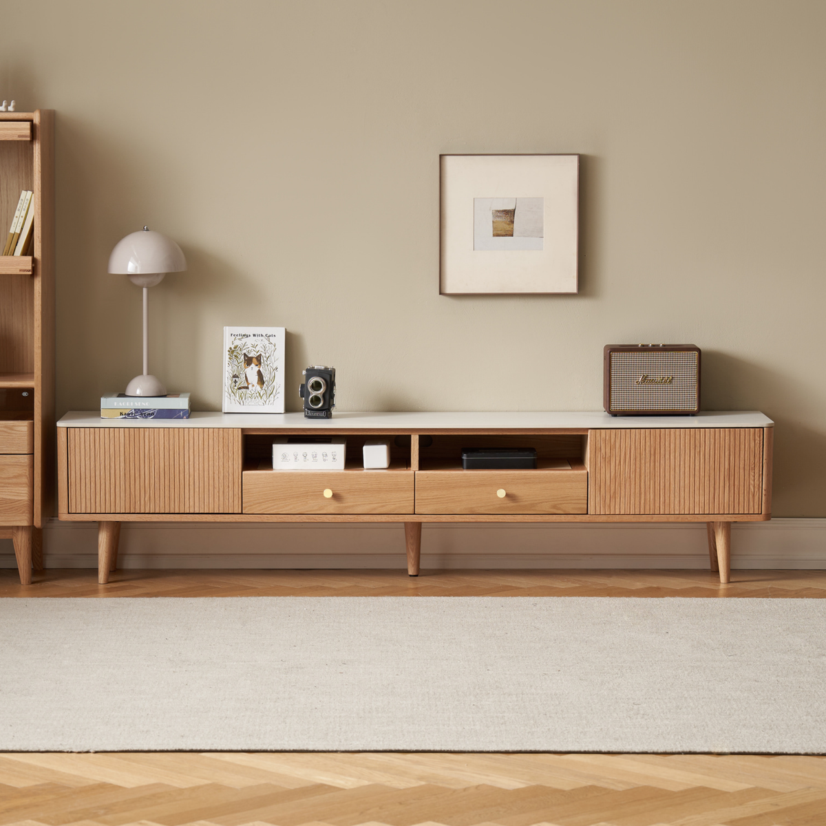 Solidwood Santa Rosa W200cm Entertainment Unit with Sintered Stone Top, Oak