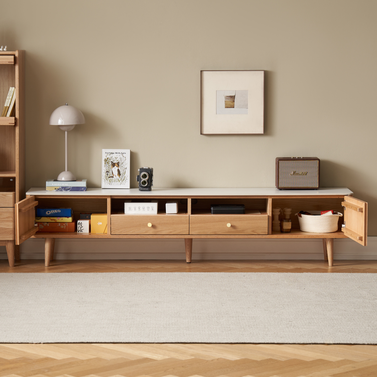Solidwood Santa Rosa W200cm Entertainment Unit with Sintered Stone Top, Oak