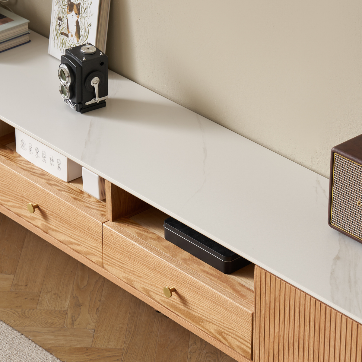 Solidwood Santa Rosa W200cm Entertainment Unit with Sintered Stone Top, Oak
