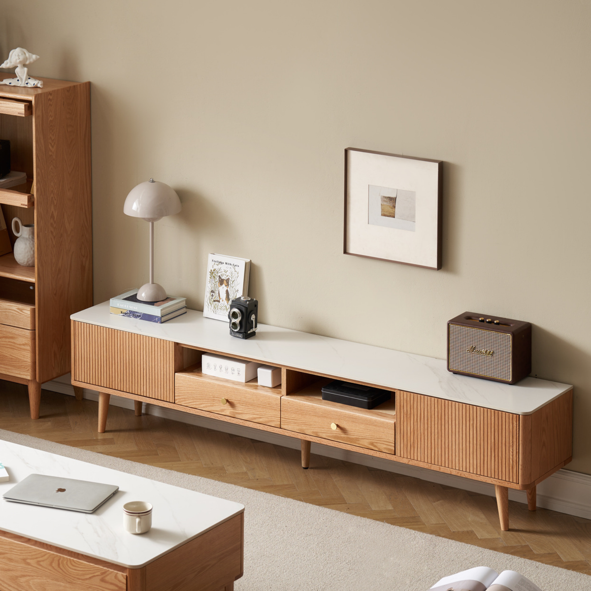 Solidwood Santa Rosa W200cm Entertainment Unit with Sintered Stone Top, Oak