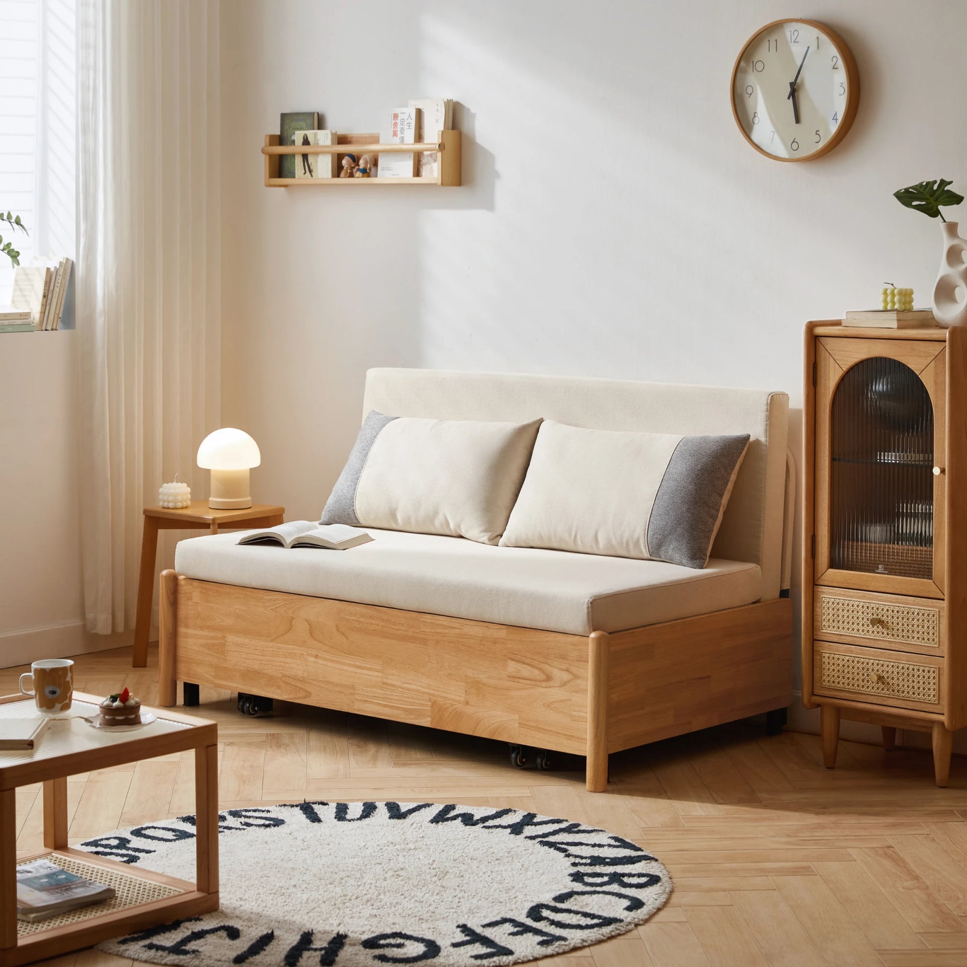 Linspire Don 2-Seater Sofa Bed, Off-White & Natural Wood