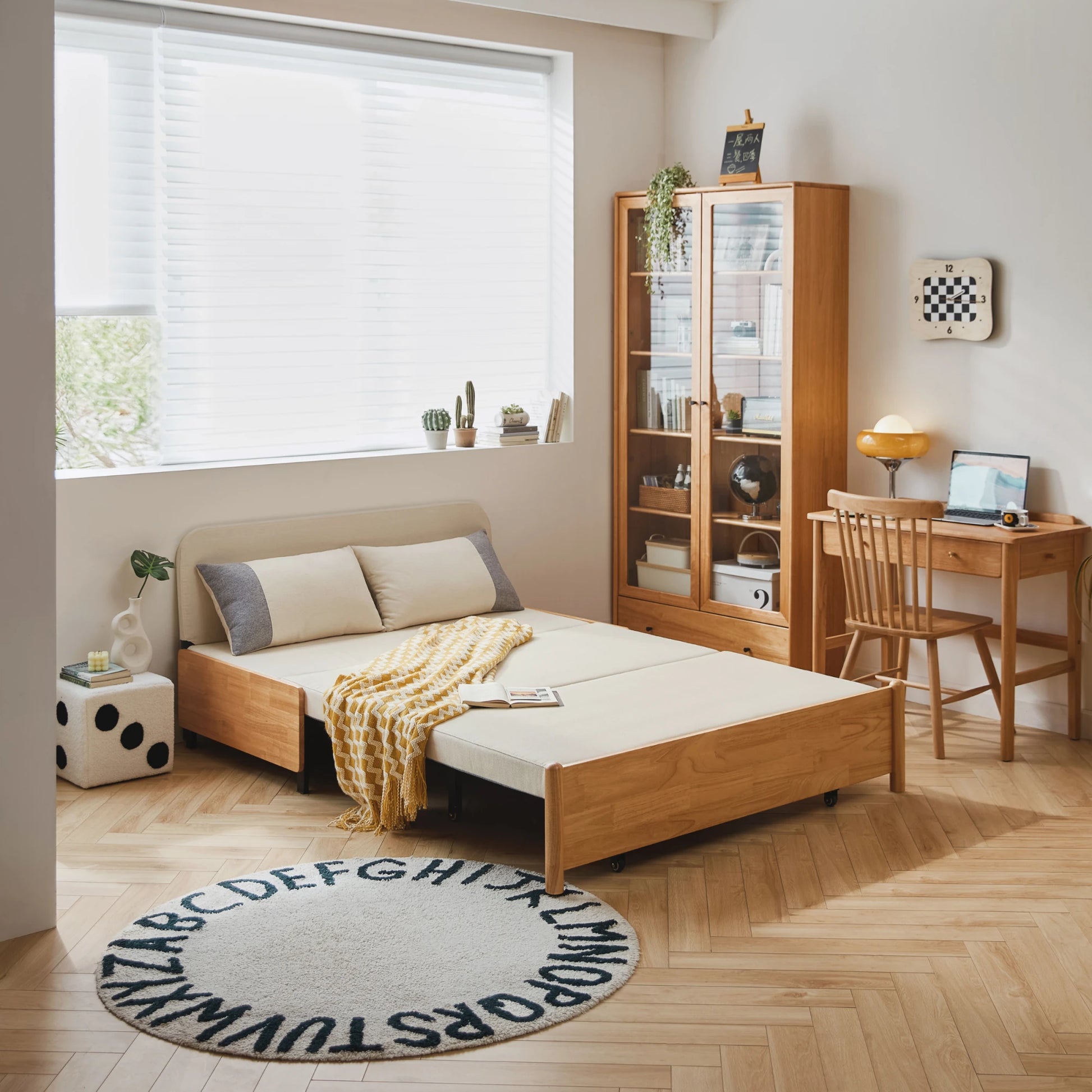 Linspire Don 2-Seater Sofa Bed, Off-White & Natural Wood