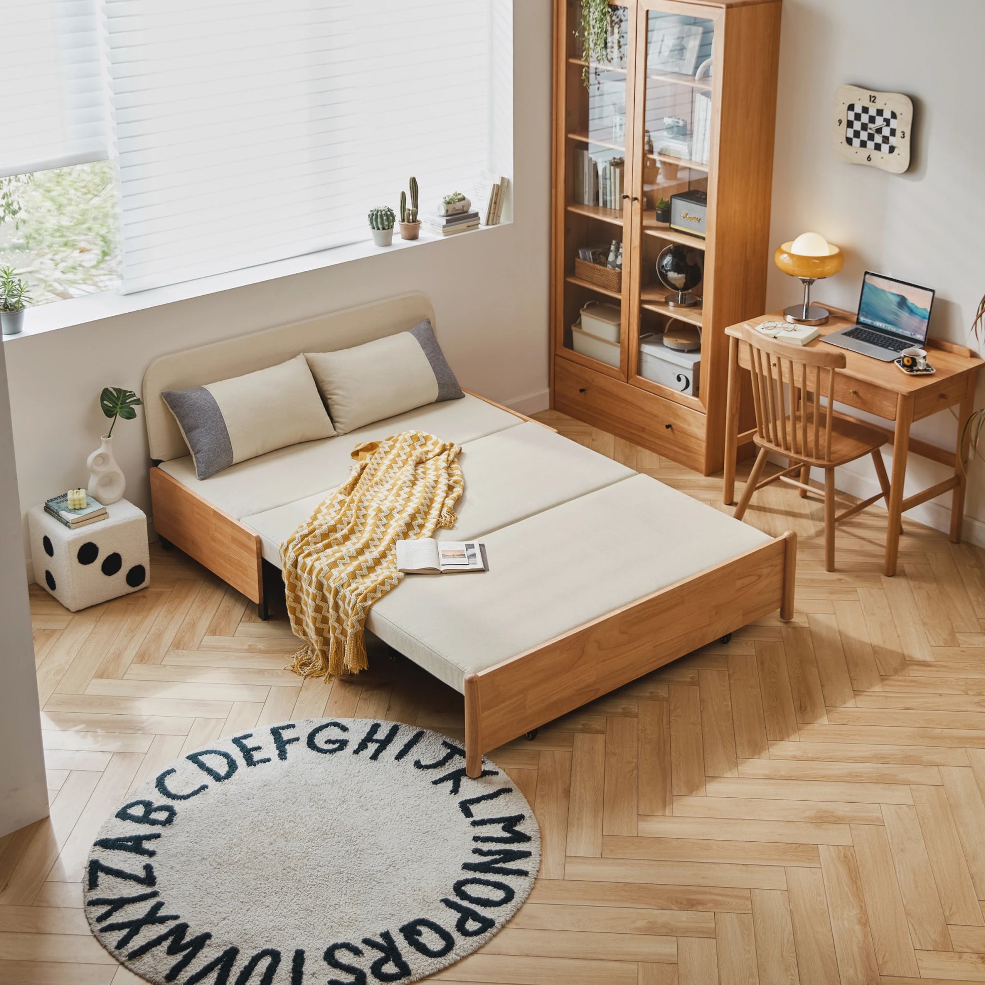 Linspire Don 2-Seater Sofa Bed, Off-White & Natural Wood
