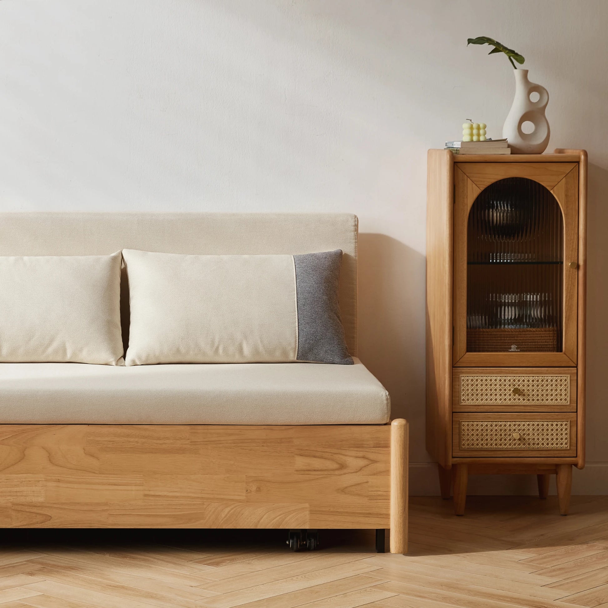 Linspire Don 2-Seater Sofa Bed, Off-White & Natural Wood