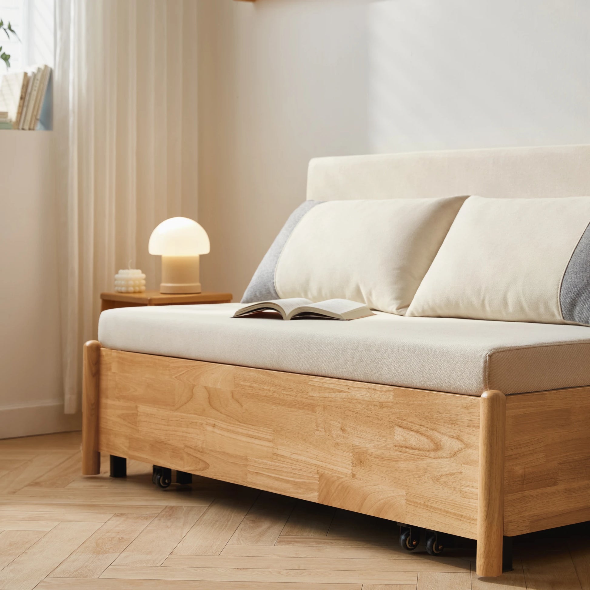 Linspire Don 2-Seater Sofa Bed, Off-White & Natural Wood