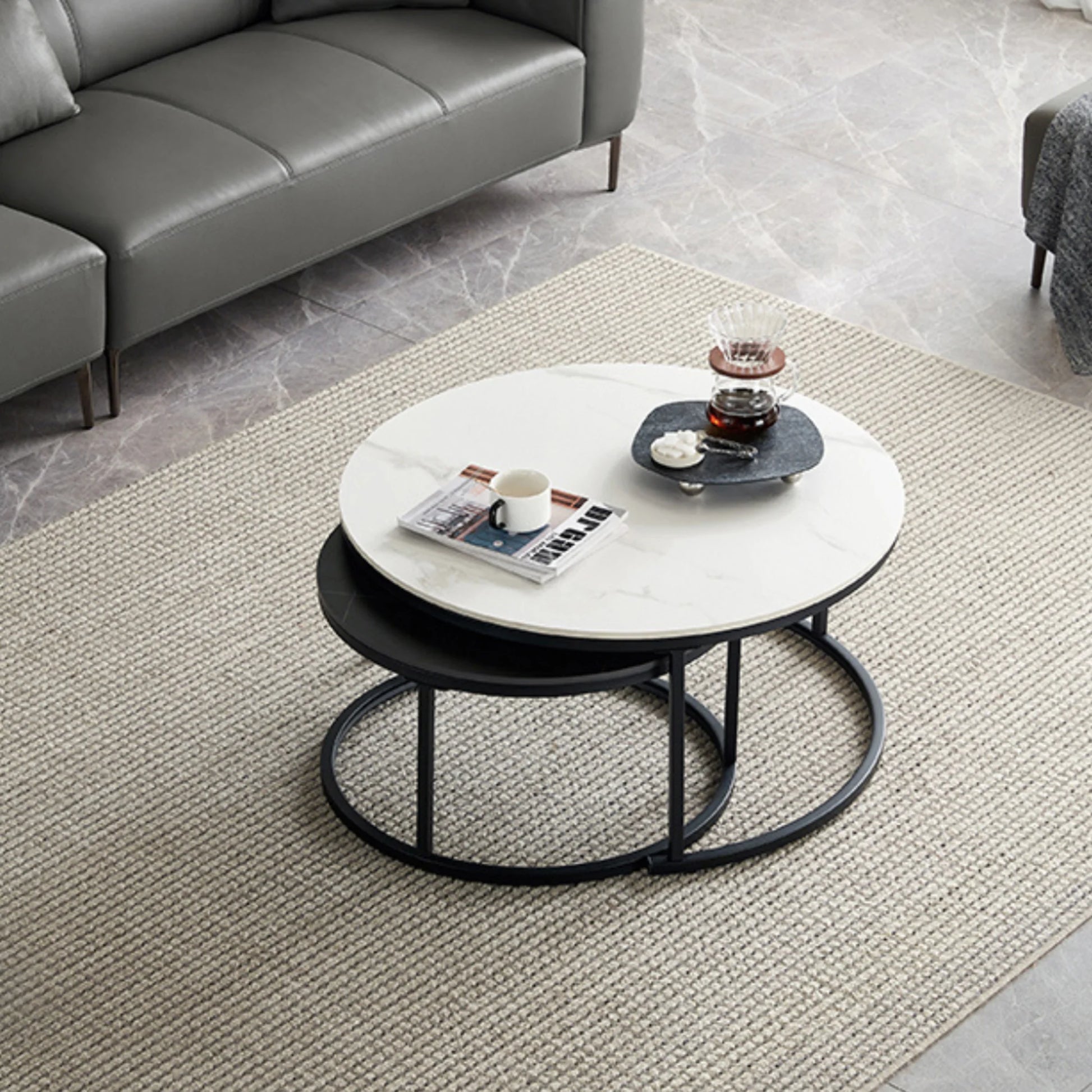 Linspire Eclipse Nesting Coffee Table with Sintered Marble Top, Set of 2, White & Black