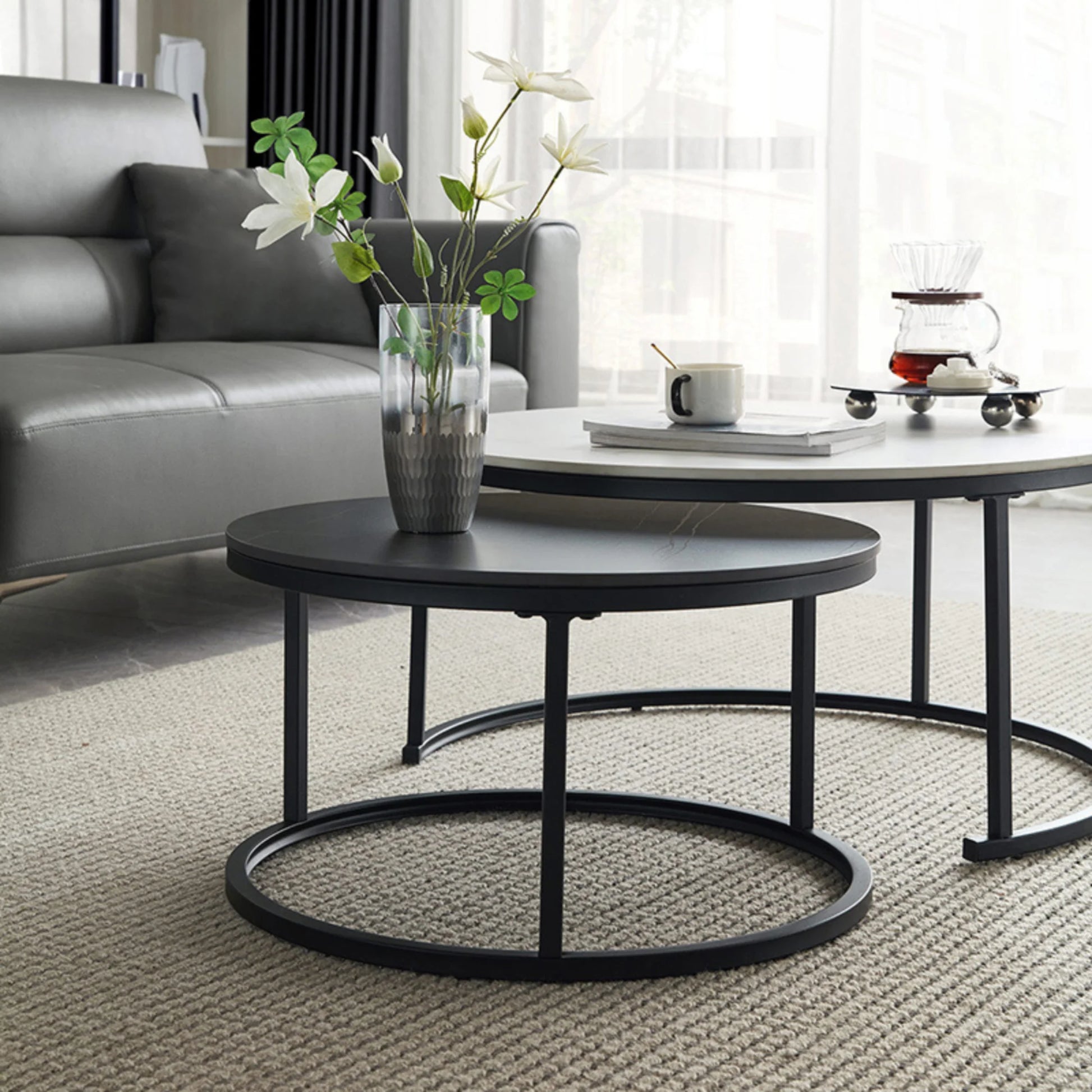 Linspire Eclipse Nesting Coffee Table with Sintered Marble Top, Set of 2, White & Black