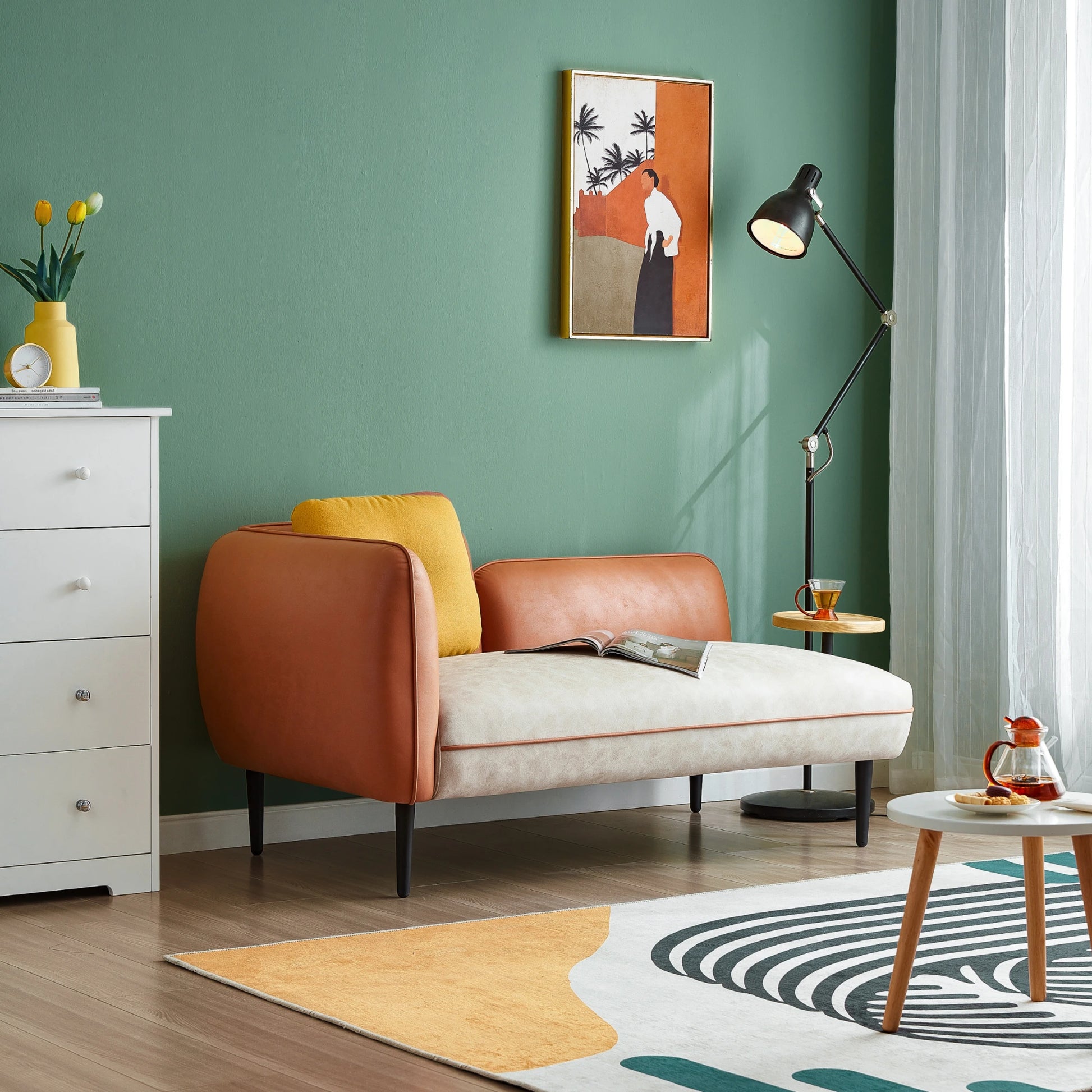 Linspire Flux Leathaire 2-Seater Sofa with Sidetable, Right Armrest, Tawny & Sand