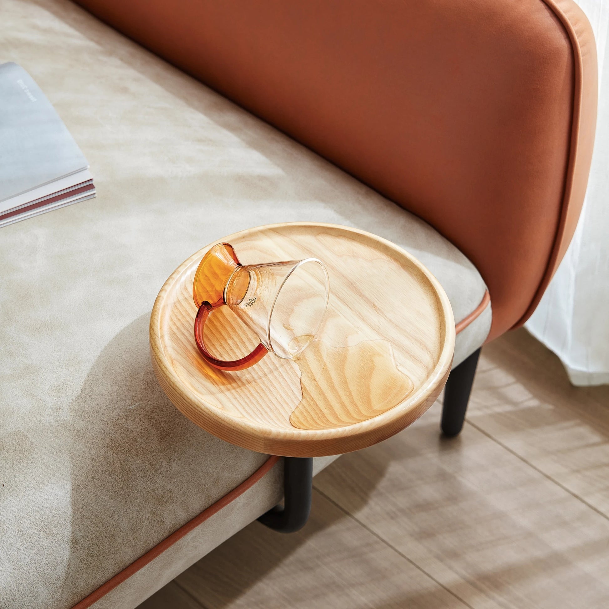 Linspire Flux Leathaire 2-Seater Sofa with Sidetable, Right Armrest, Tawny & Sand