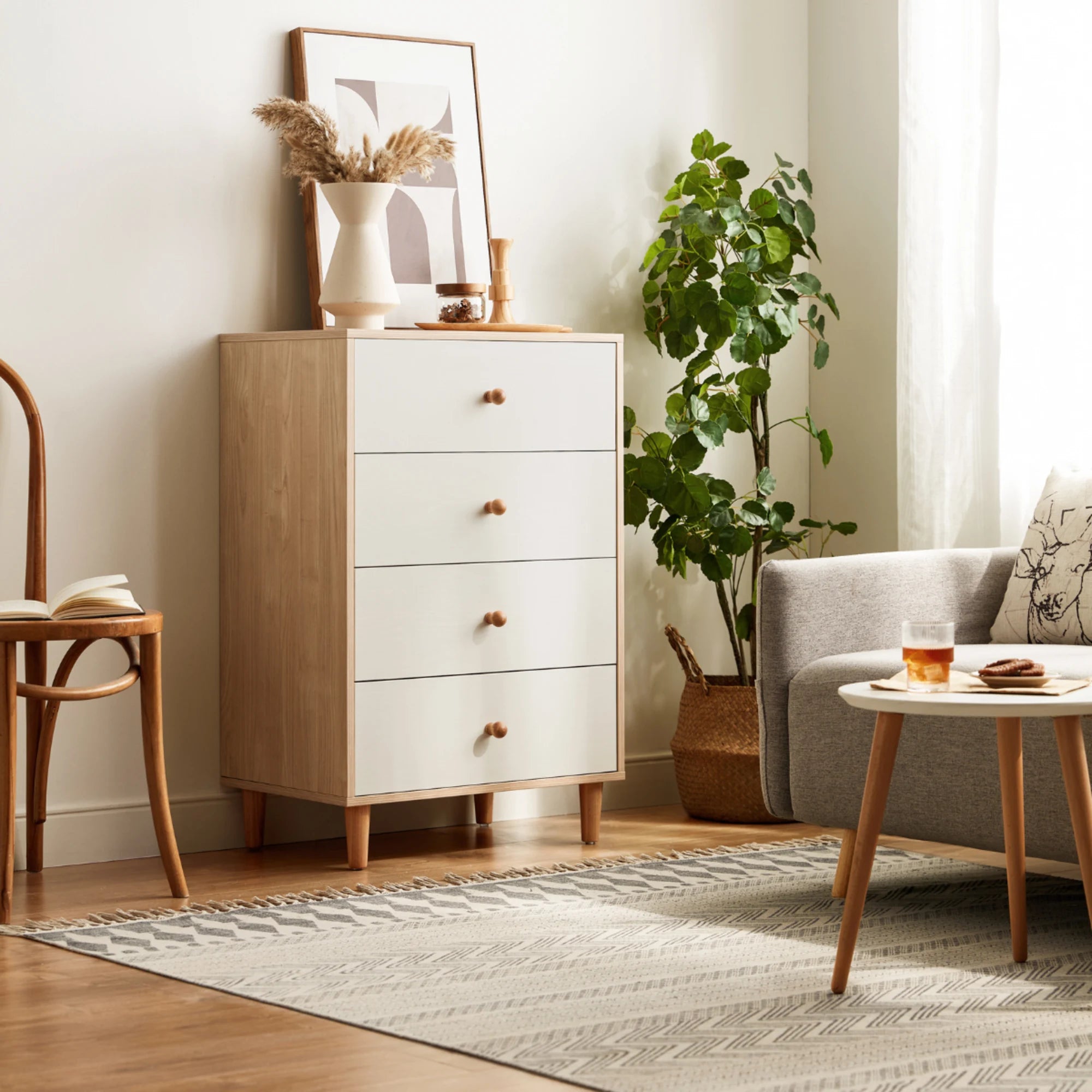 Linspire Fresko Chest of 4 Drawers, White & Natural Wood