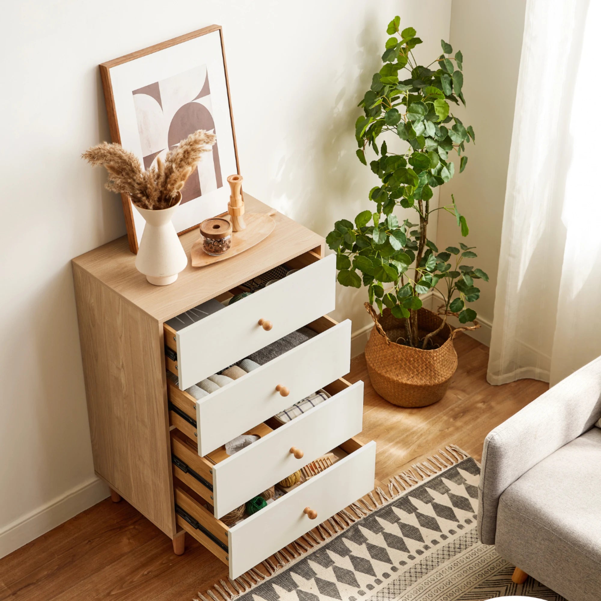 Linspire Fresko Chest of 4 Drawers, White & Natural Wood