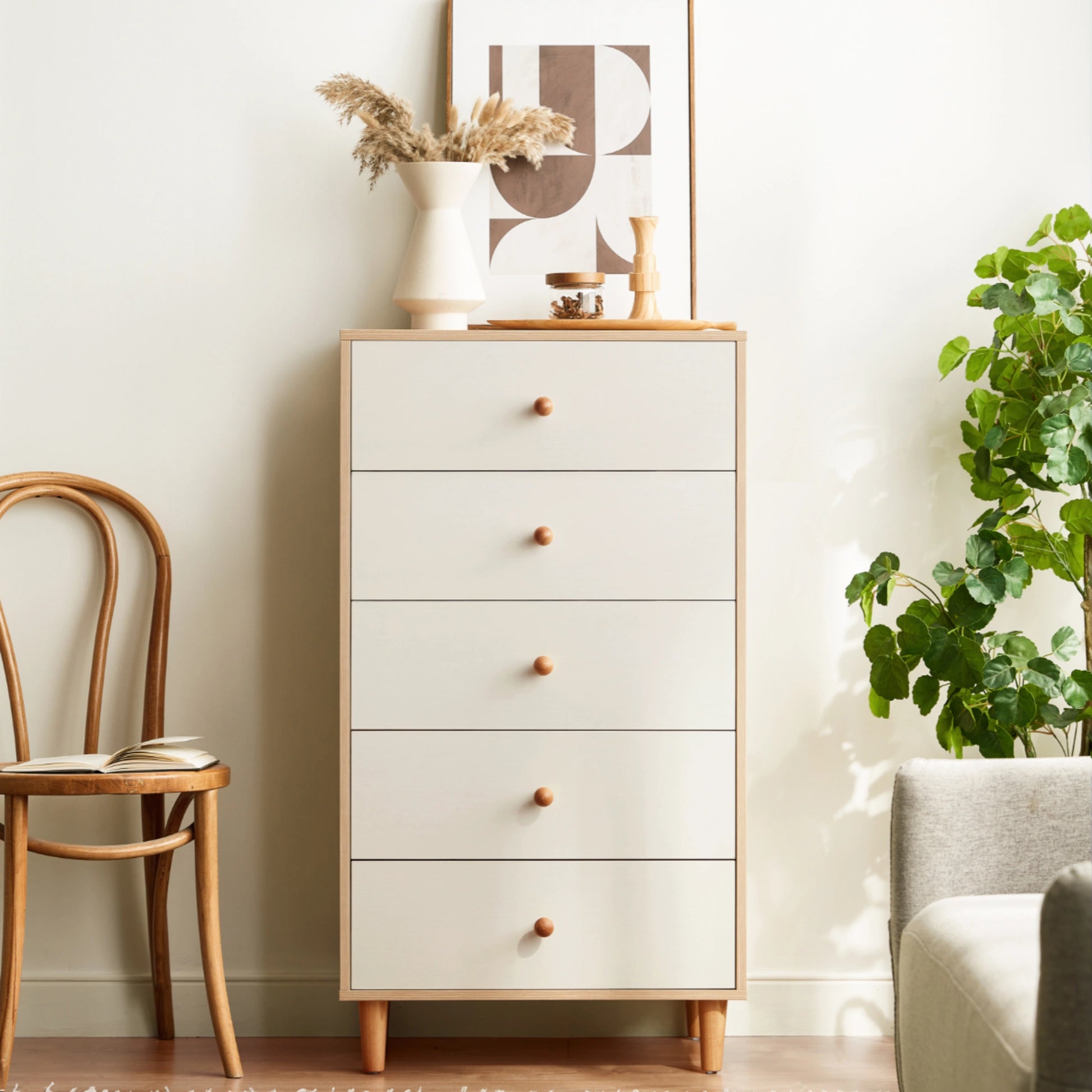 Linspire Fresko Chest of 5 Drawers, White & Natural Wood