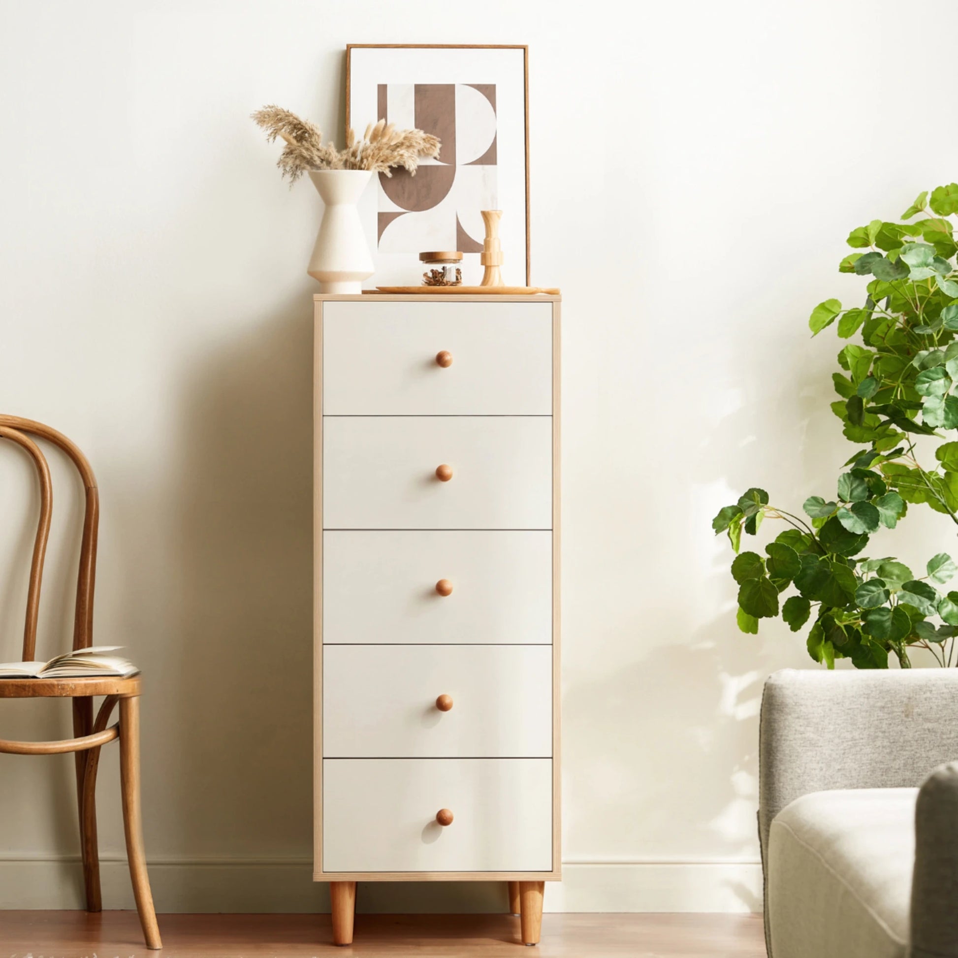 Linspire Fresko Chest of 5 Drawers, White, Narrow