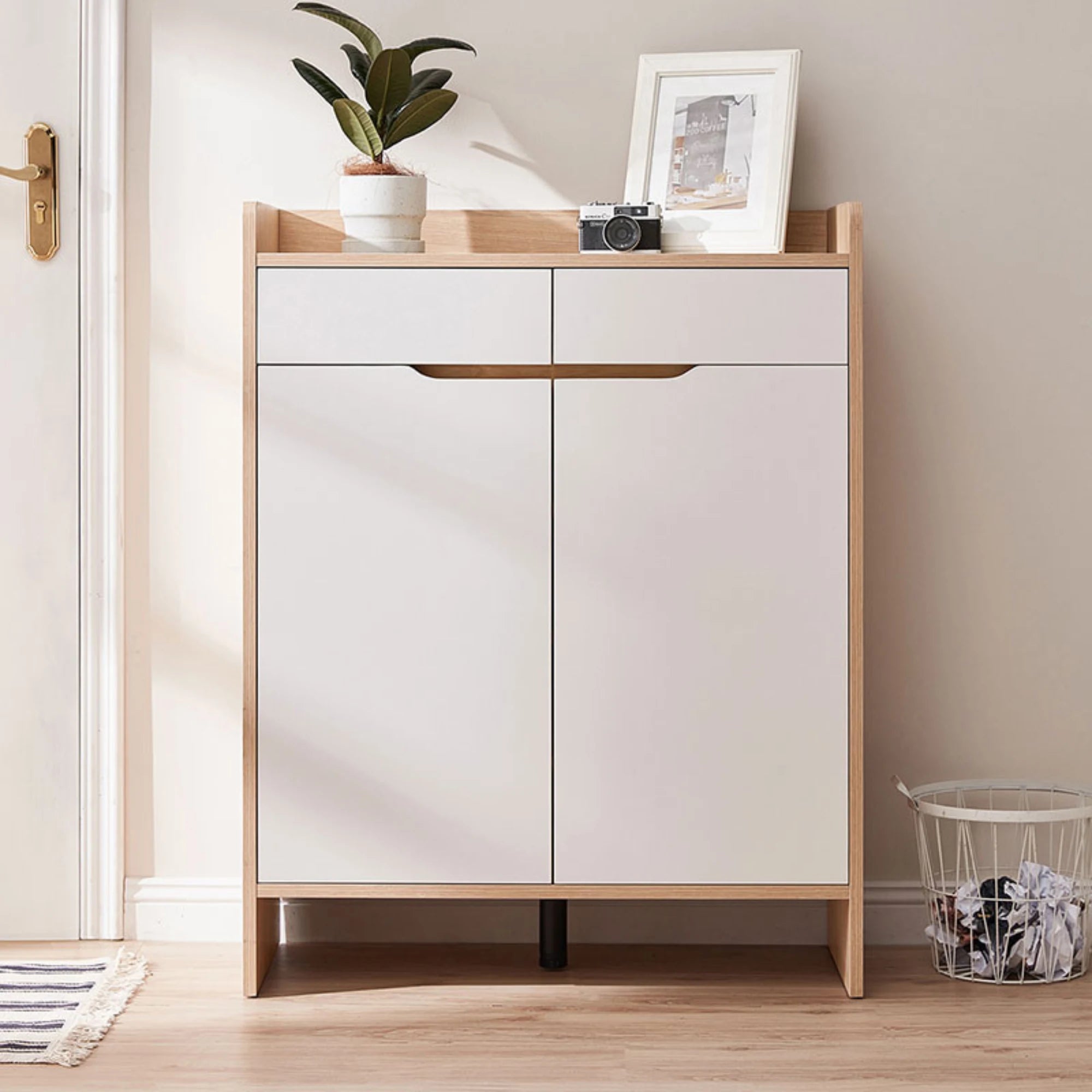 Linspire Miro Shoe Cabinet, Large, Natural Wood & White