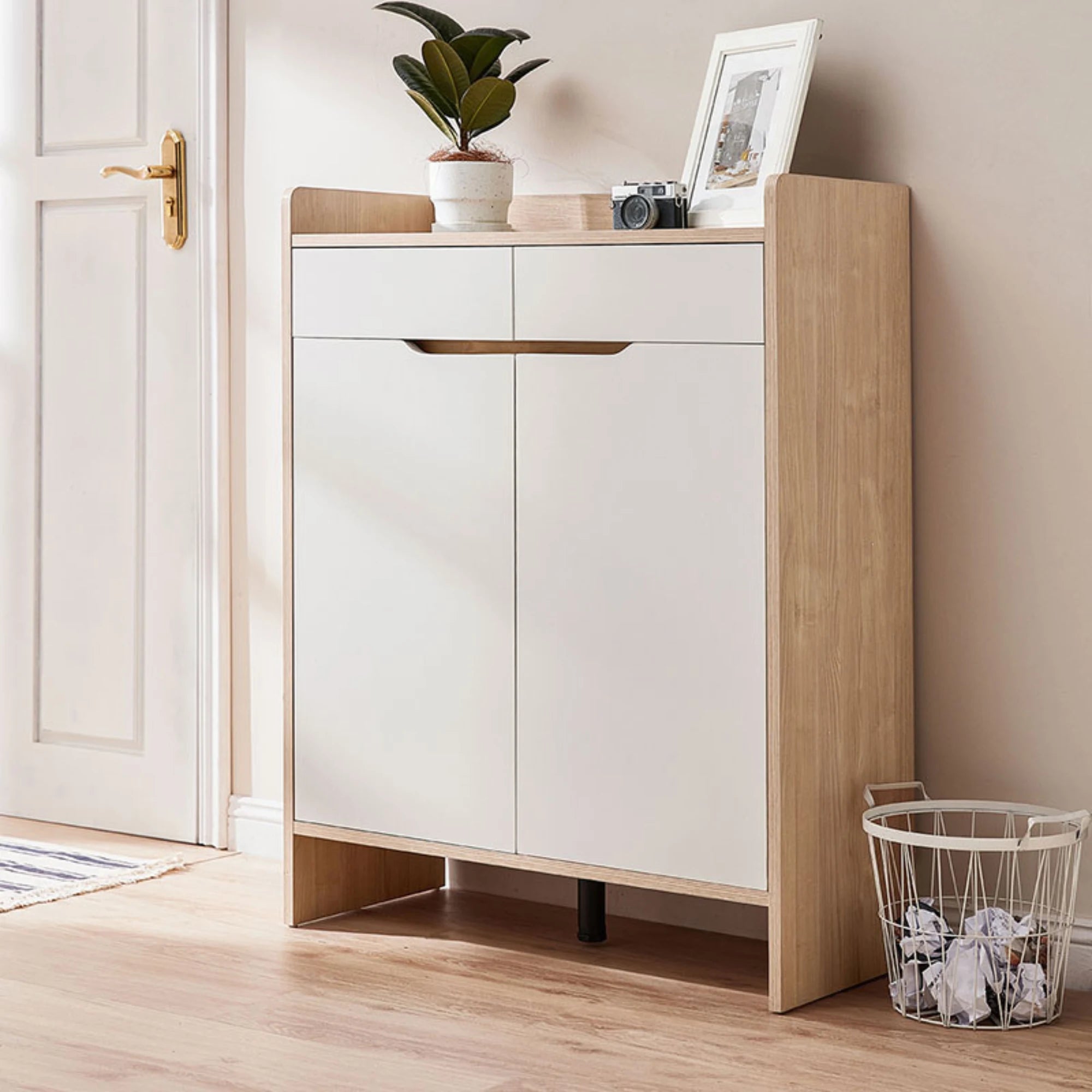 Linspire Miro Shoe Cabinet, Large, Natural Wood & White