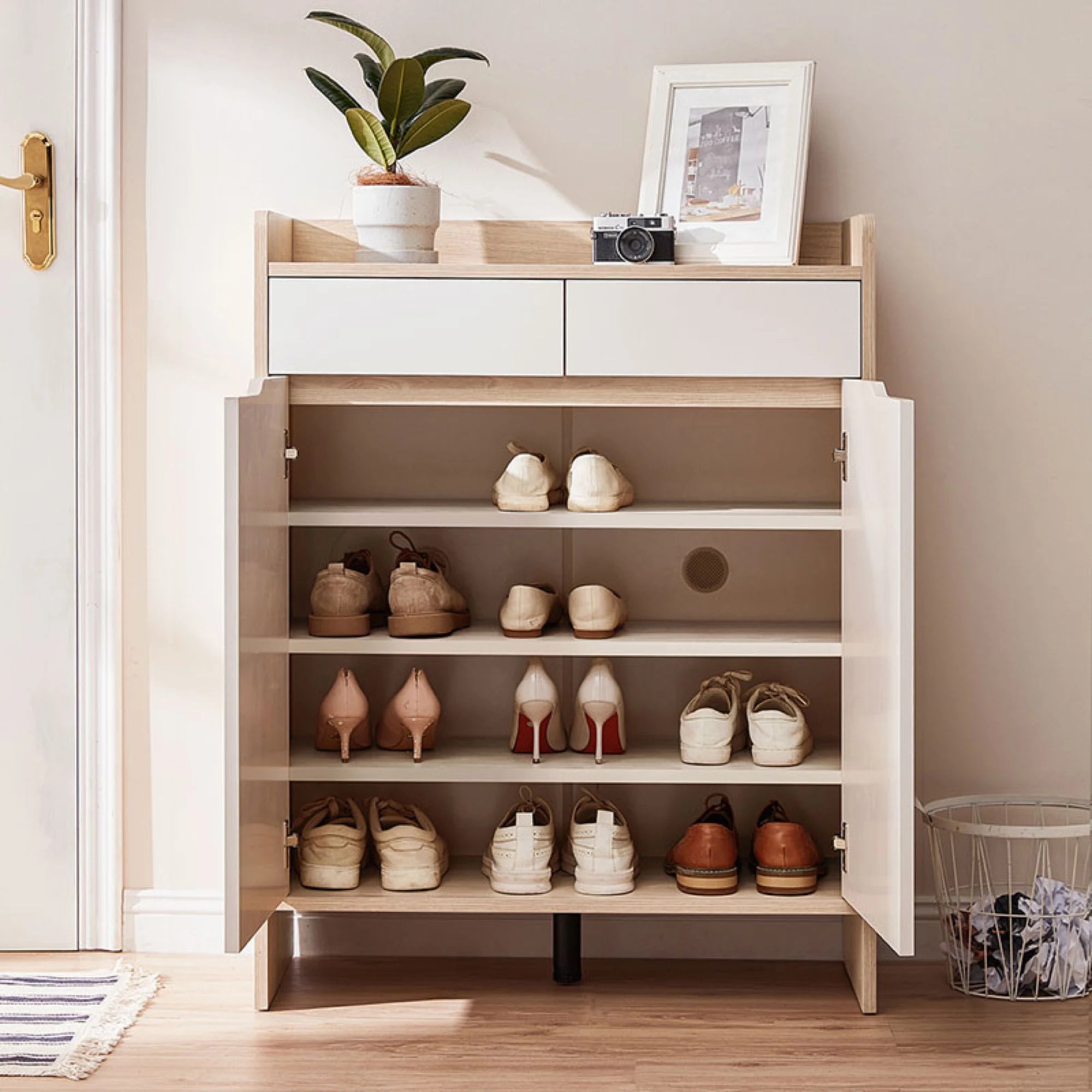 Linspire Miro Shoe Cabinet, Large, Natural Wood & White