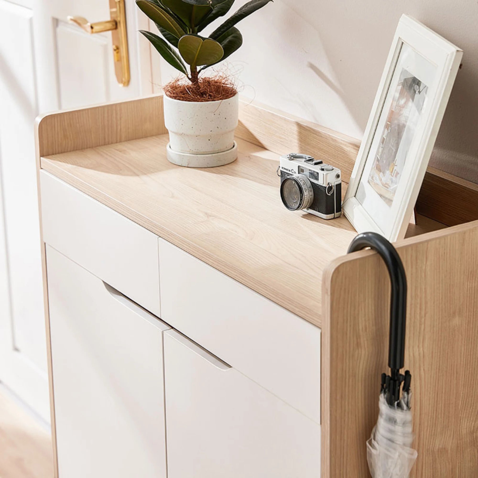 Linspire Miro Shoe Cabinet, Large, Natural Wood & White