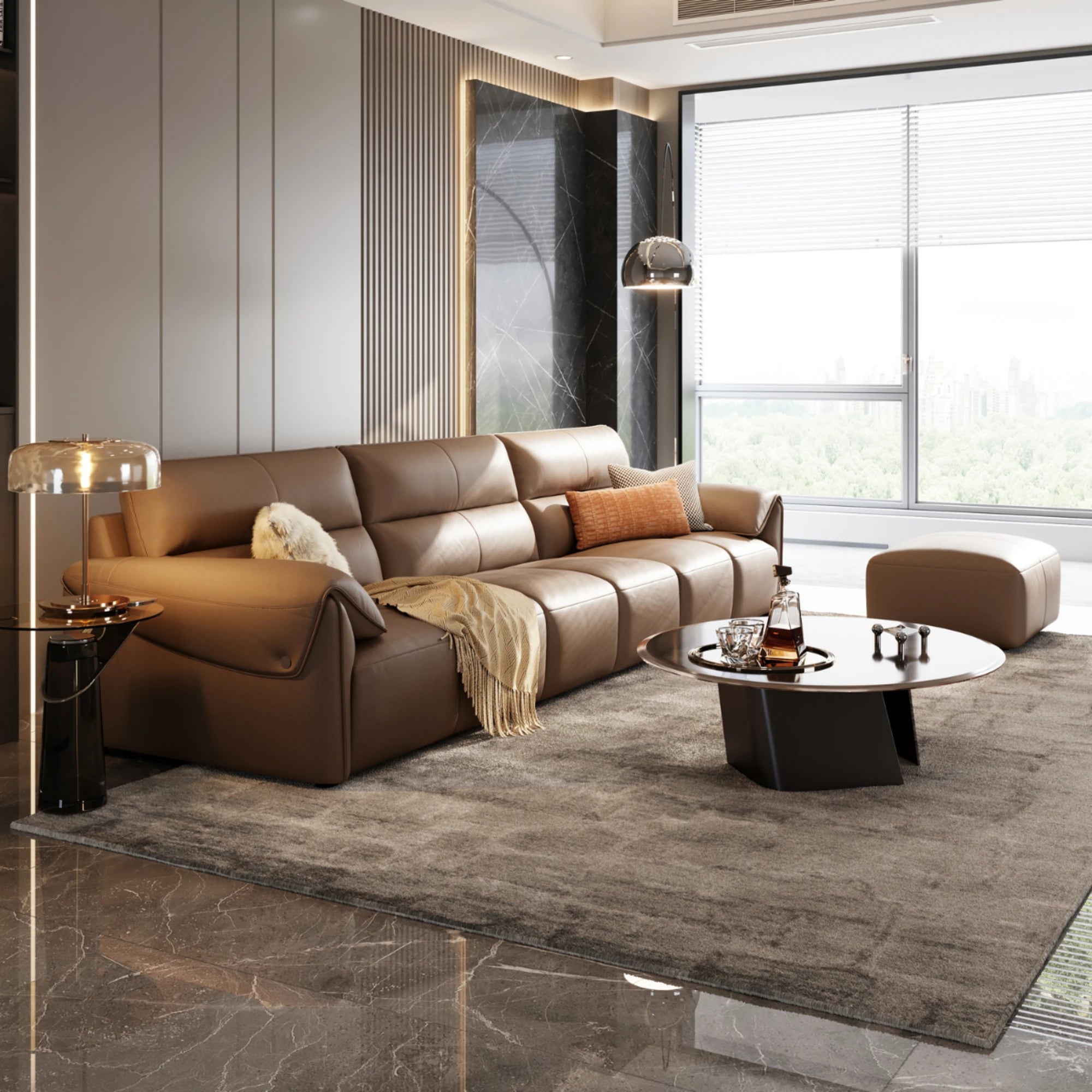 Linspire Plume Leather 5-Seater Sofa with Ottoman, Caramel