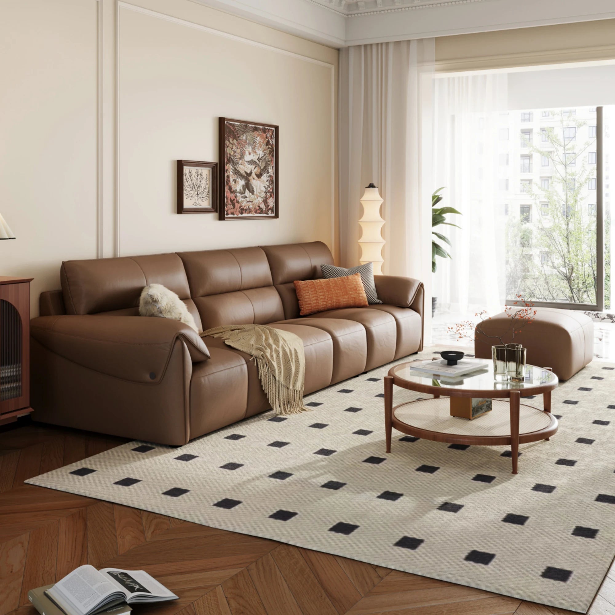 Linspire Plume Leather 5-Seater Sofa, Caramel