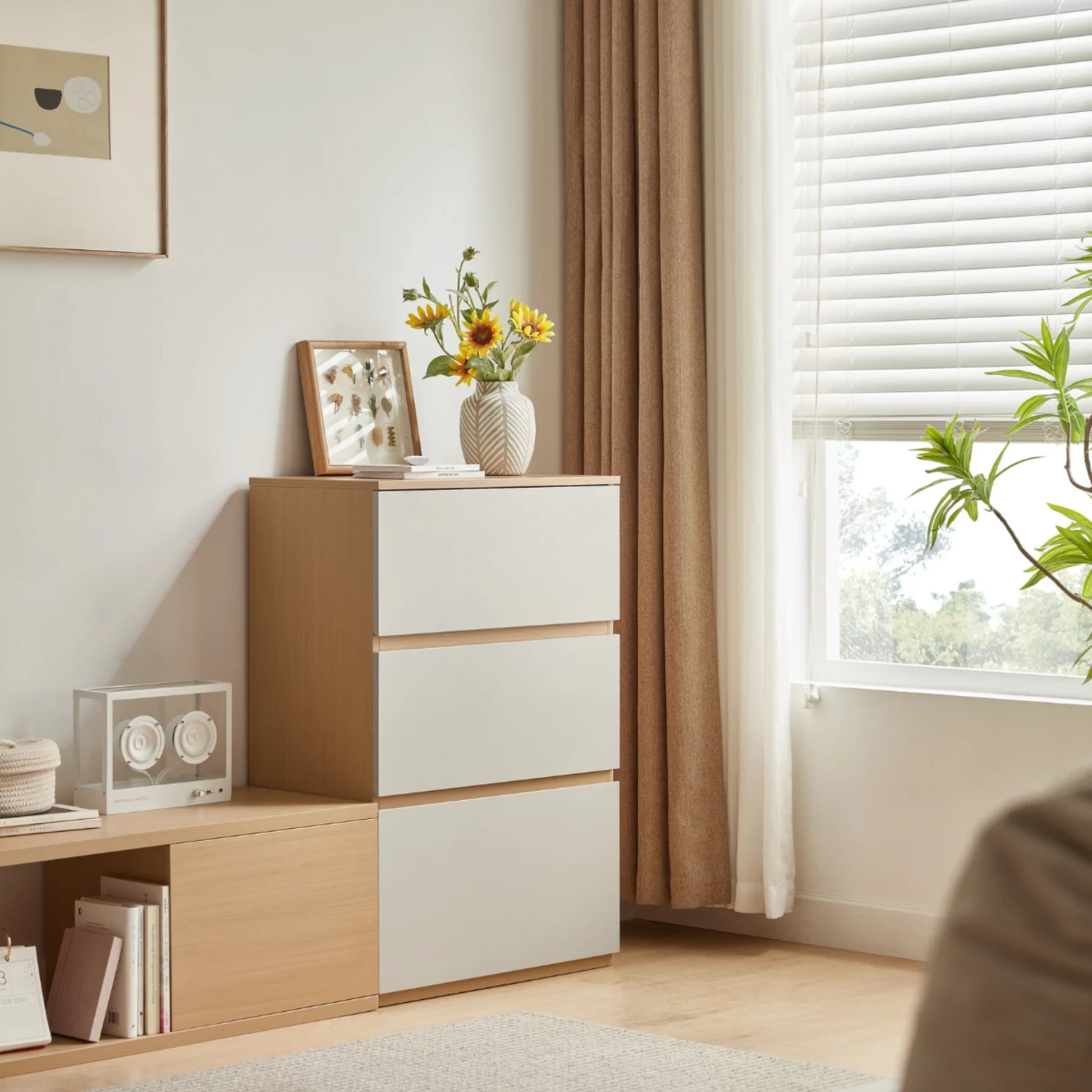 Linspire Rena Chest of 3 Drawers, Light Grey & Natural Wood