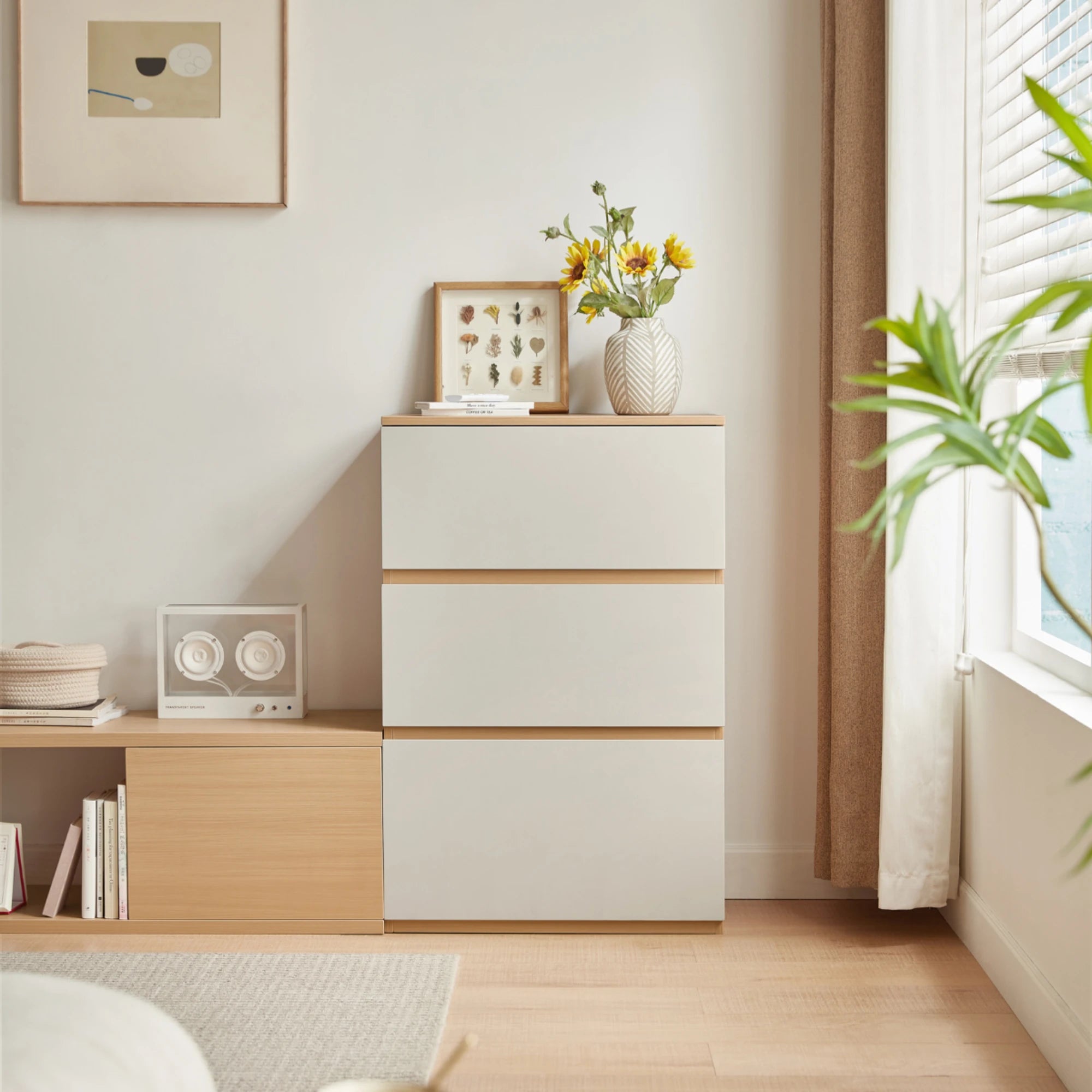 Linspire Rena Chest of 3 Drawers, Light Grey & Natural Wood
