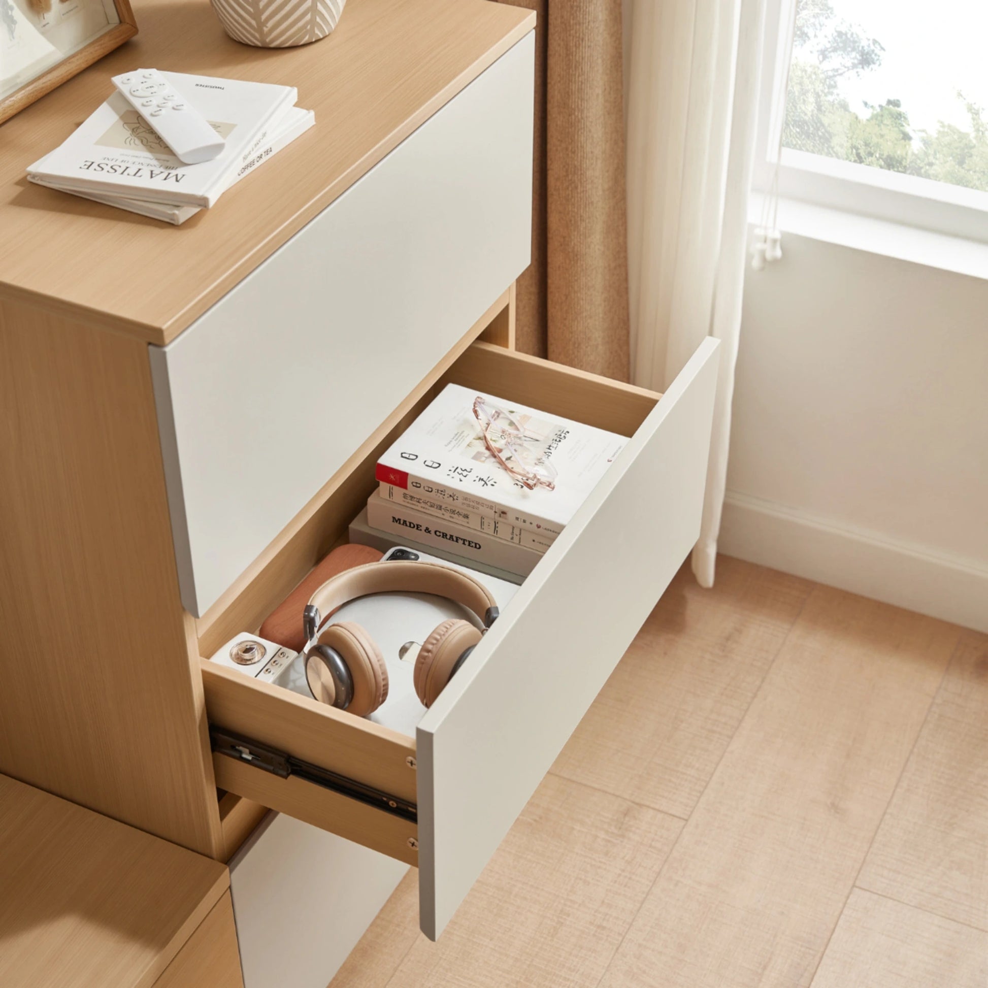 Linspire Rena Chest of 3 Drawers, Light Grey & Natural Wood
