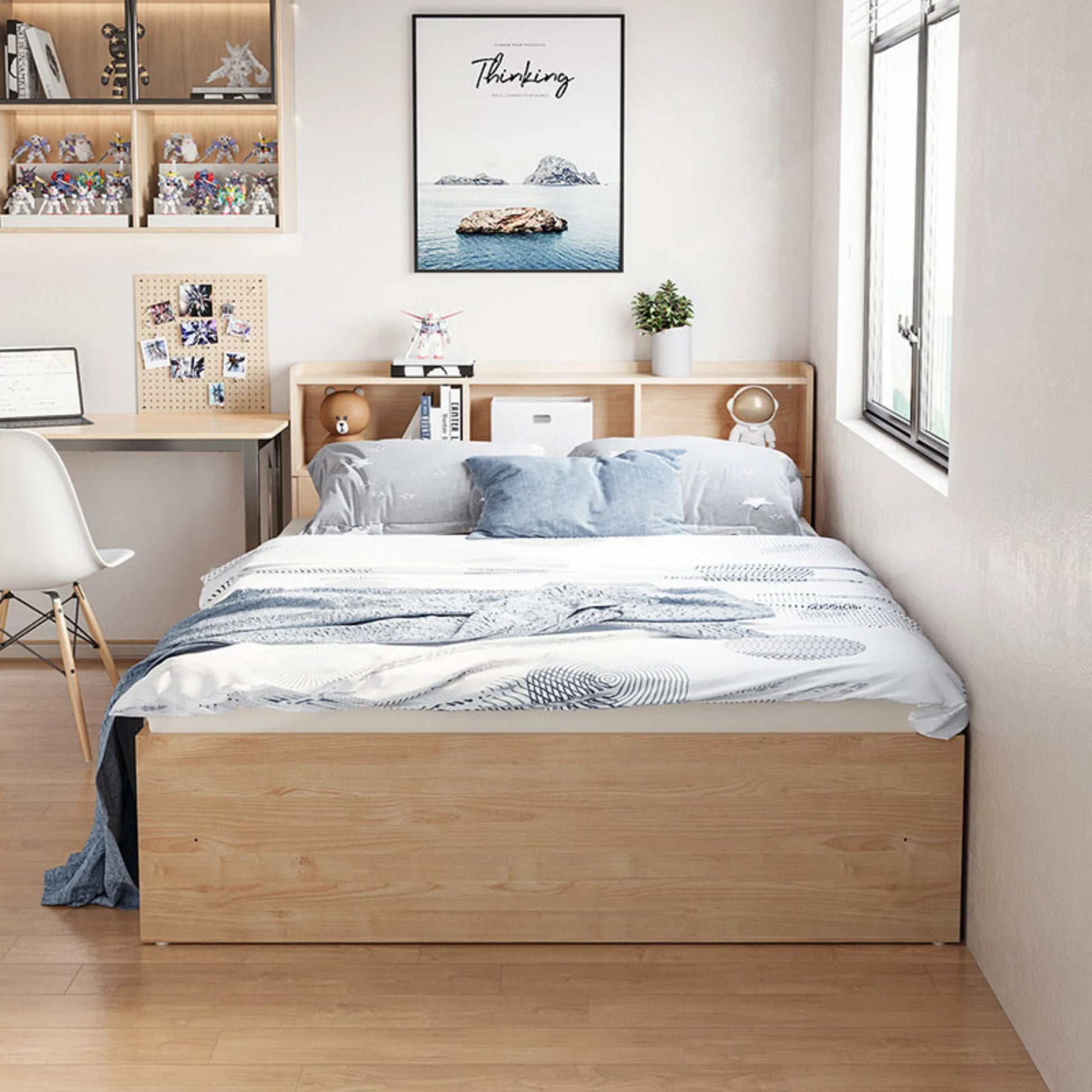 Linspire Royale Global Short Queen Bed Frame with Storage Headboard, Natural Wood