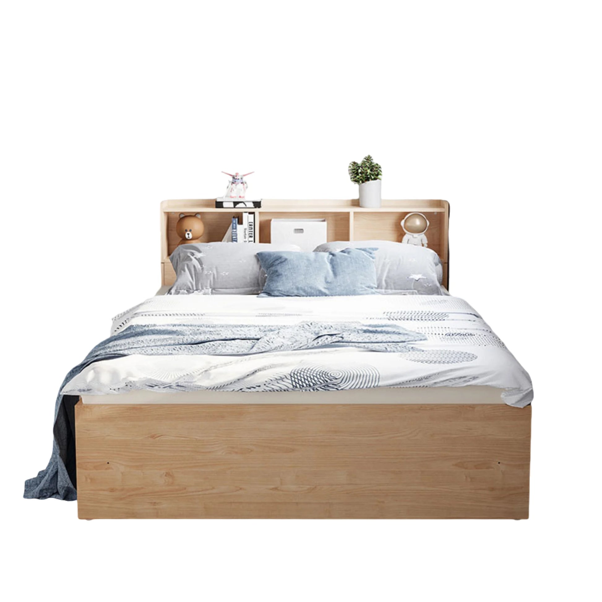 Linspire Royale Global Short Queen Bed Frame with Storage Headboard, Natural Wood