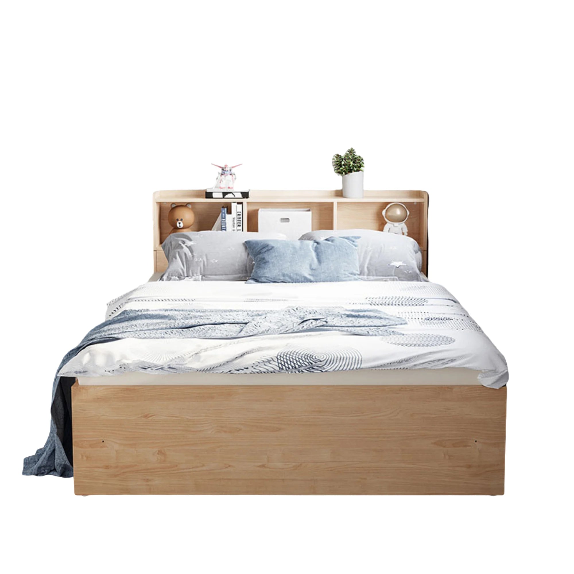 Linspire Royale Global Short Queen Bed Frame with Storage Headboard, Natural Wood