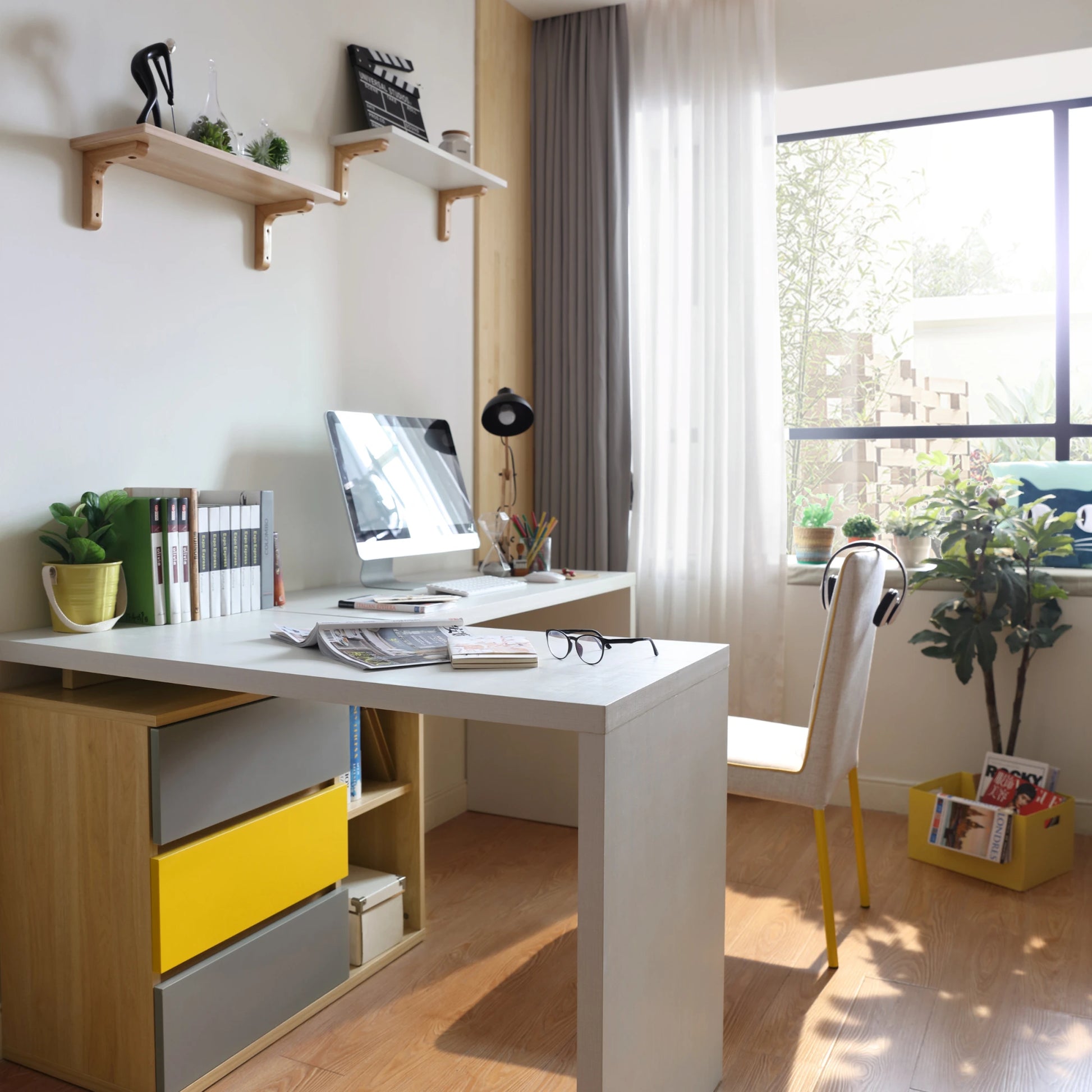 Linspire Slate Dual Study Desk, Yellow & Natural Wood