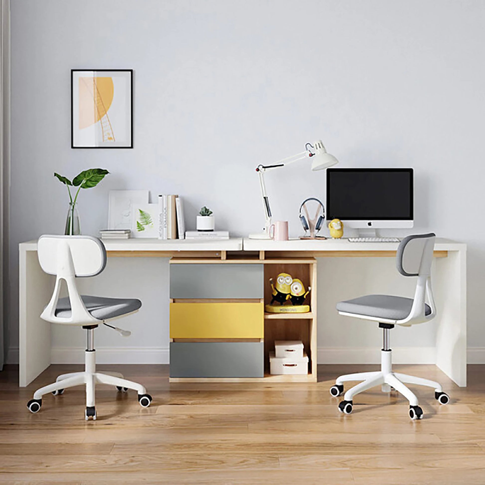 Linspire Slate Dual Study Desks and 2 Chairs Set, Yellow & Natural Wood