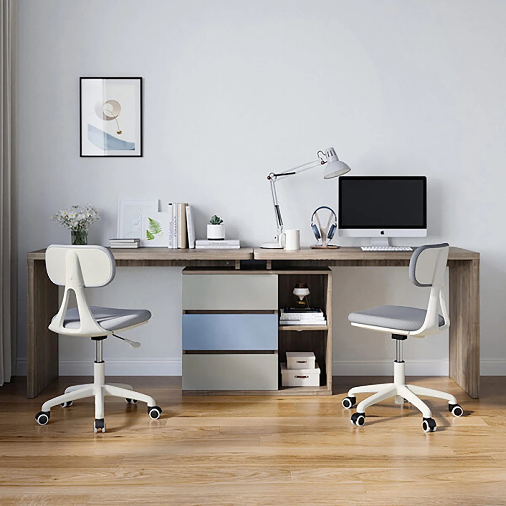Linspire Slate Dual Study Desks and 2 Chairs Set, Blue & Dark Wood