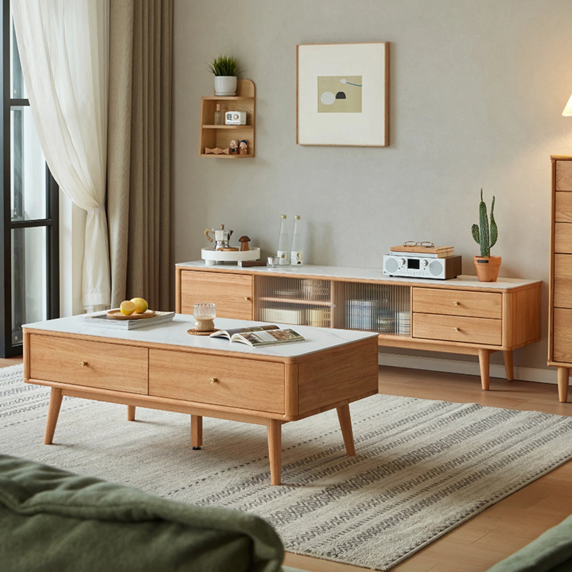 Linspire Ventus Solid Wood Entertainment Unit with Sintered Marble Top, Natural Wood