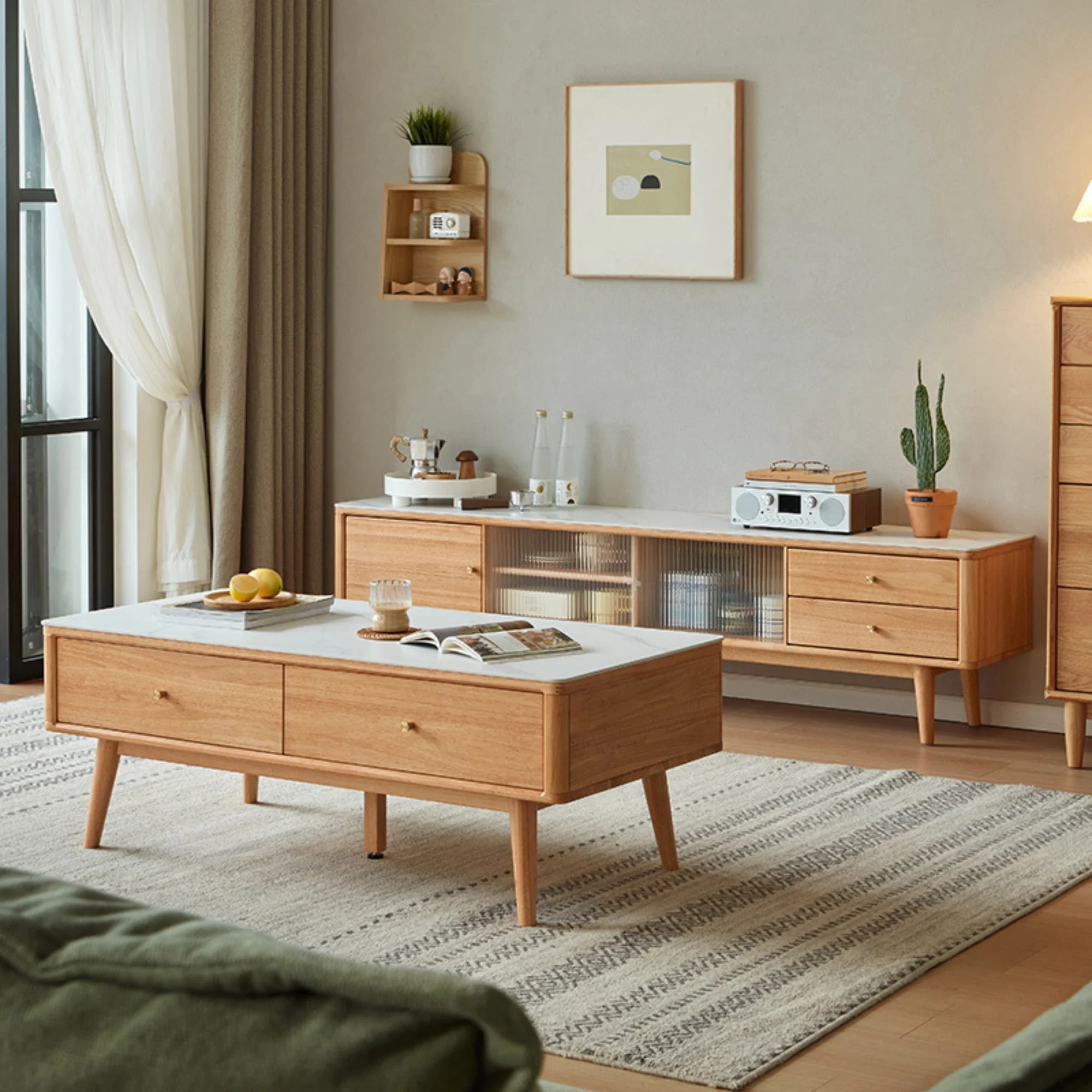 Linspire Ventus Solid Wood Entertainment Unit with Sintered Marble Top, Natural Wood
