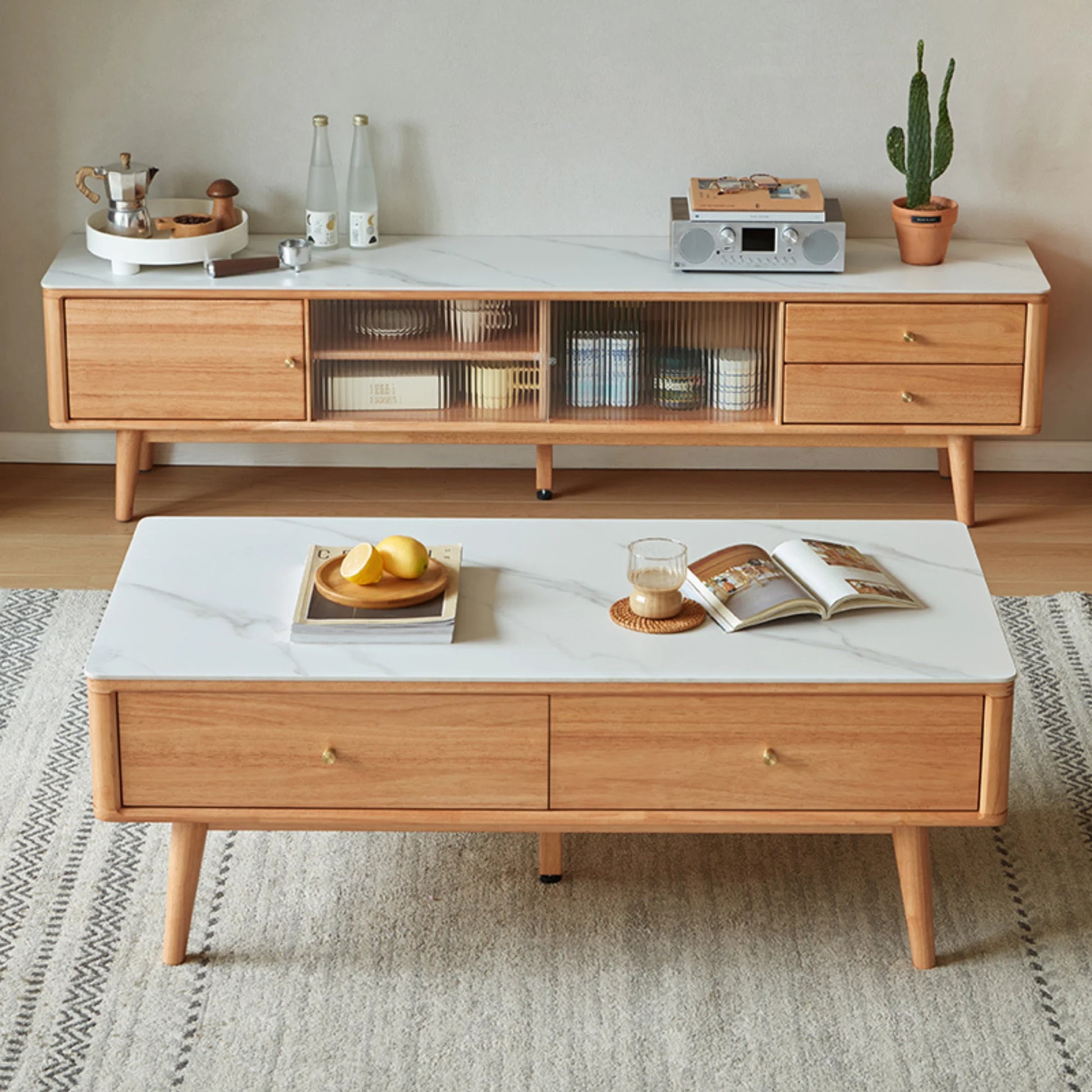 Linspire Ventus Solid Wood Entertainment Unit with Sintered Marble Top, Natural Wood
