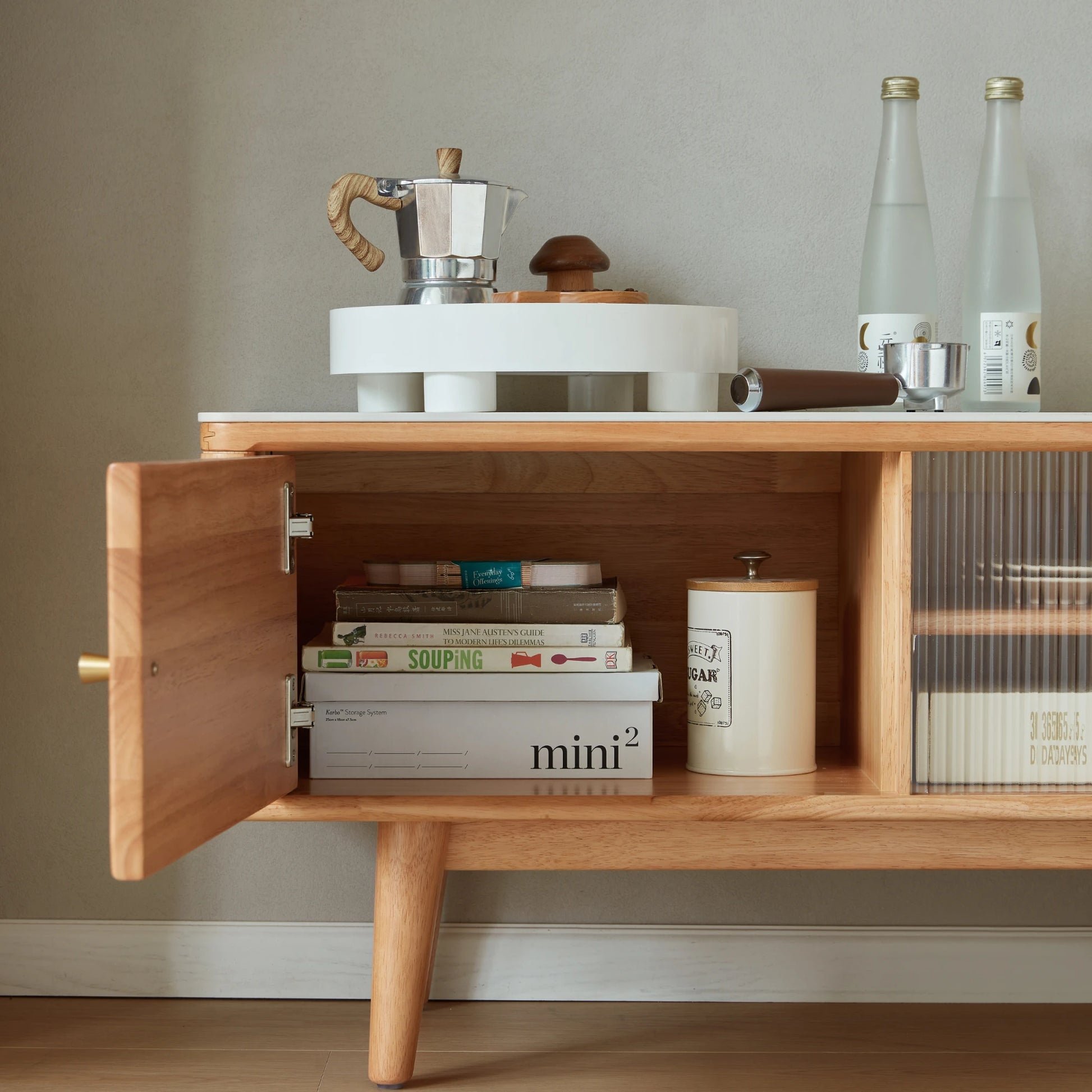 Linspire Ventus Solid Wood Entertainment Unit with Sintered Marble Top, Natural Wood