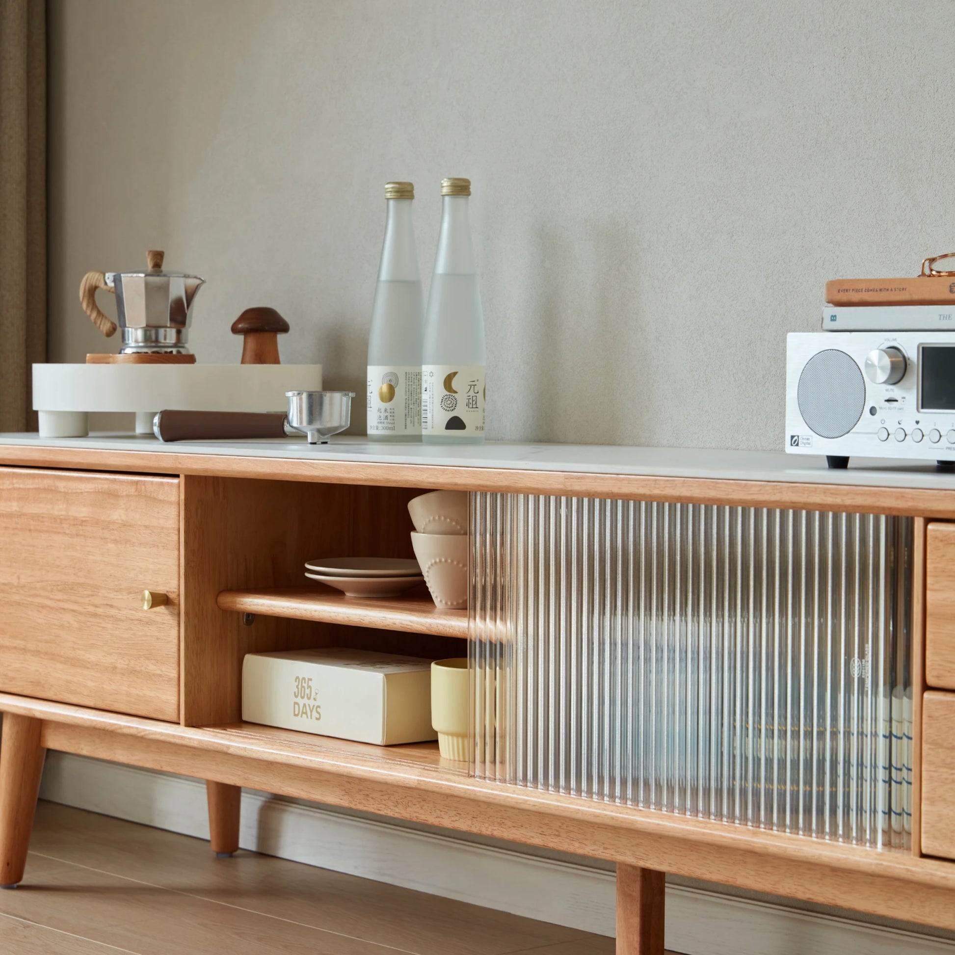 Linspire Ventus Solid Wood Entertainment Unit with Sintered Marble Top, Natural Wood