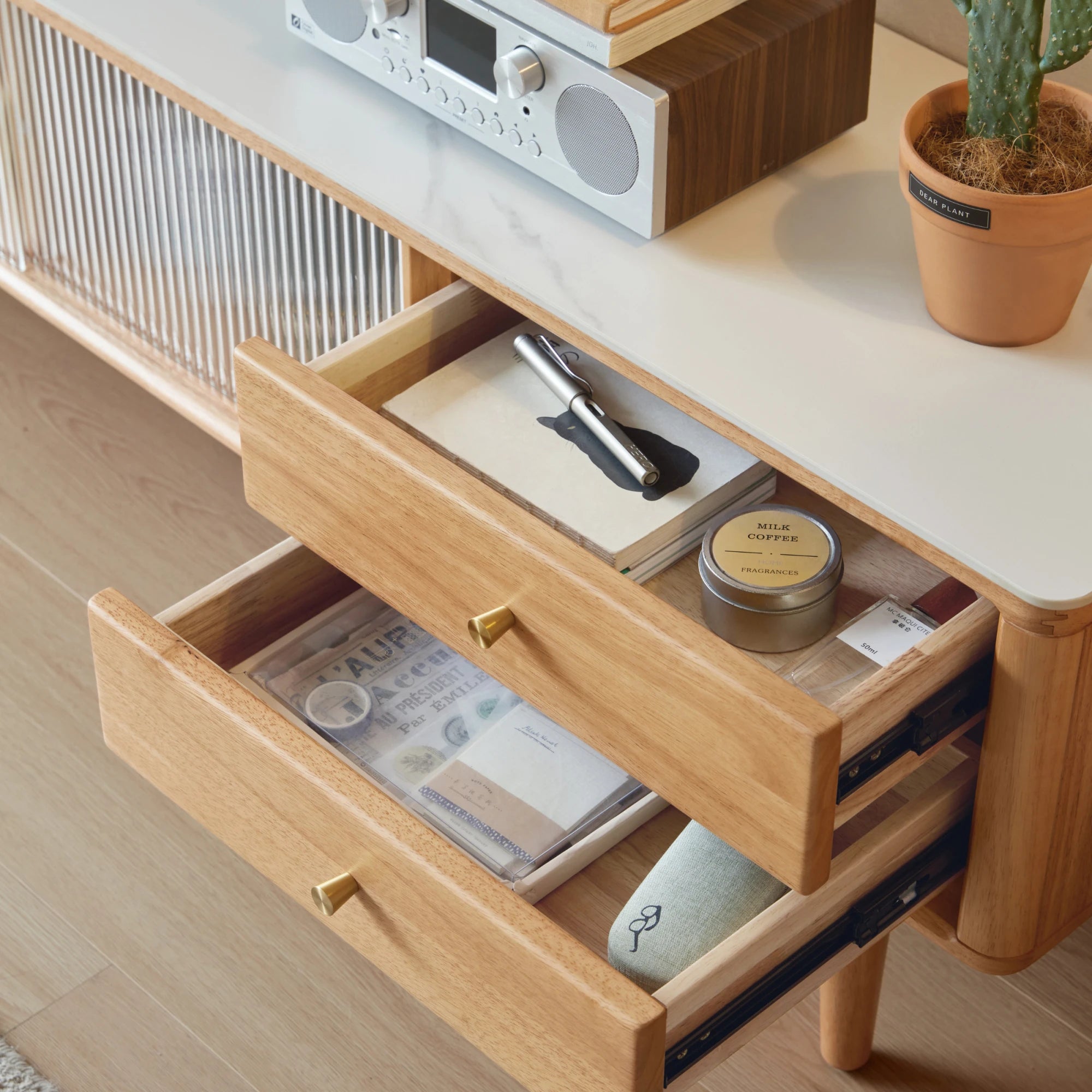 Linspire Ventus Solid Wood Entertainment Unit with Sintered Marble Top, Natural Wood