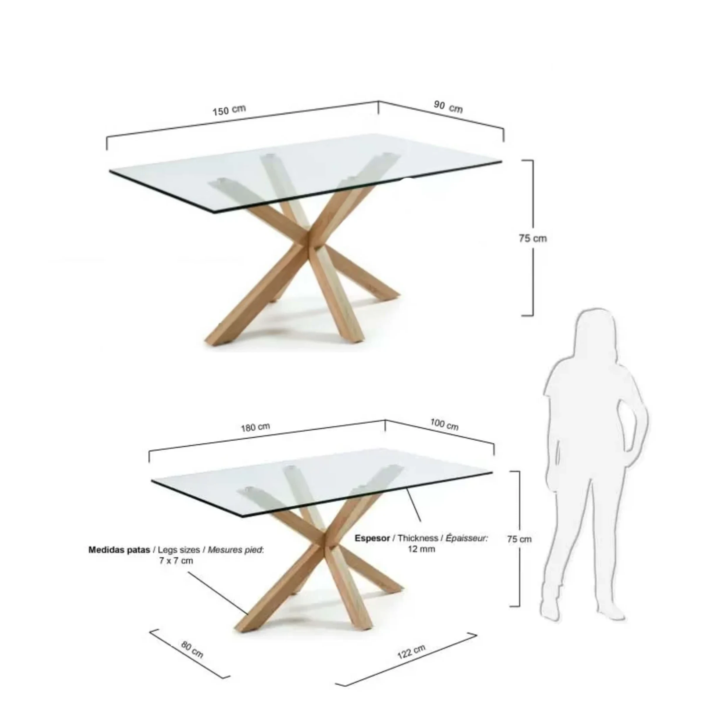 Kave Home Argo Dining Table with Glass Top, Transparent, Natural Wood