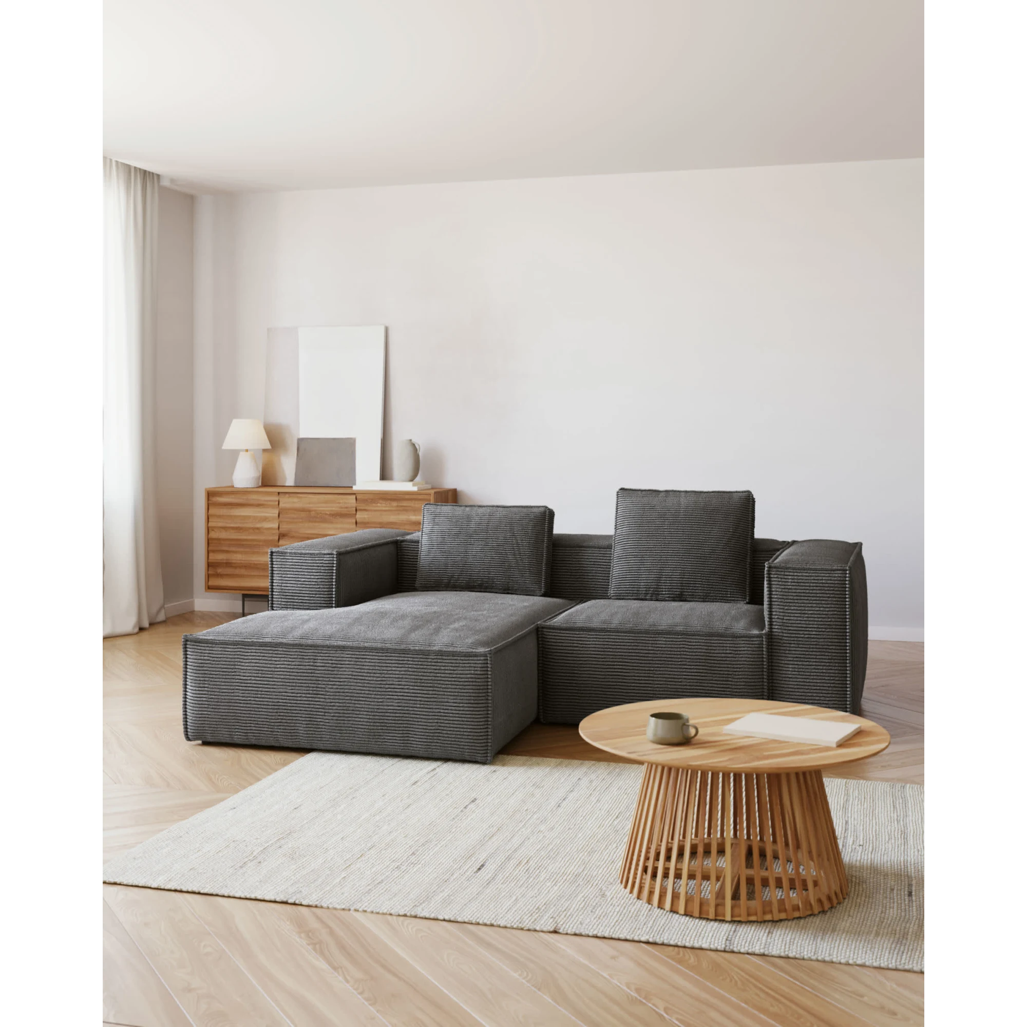 Kave Home Blok Corduroy Rectangle Cushion, Grey, 60x40cm