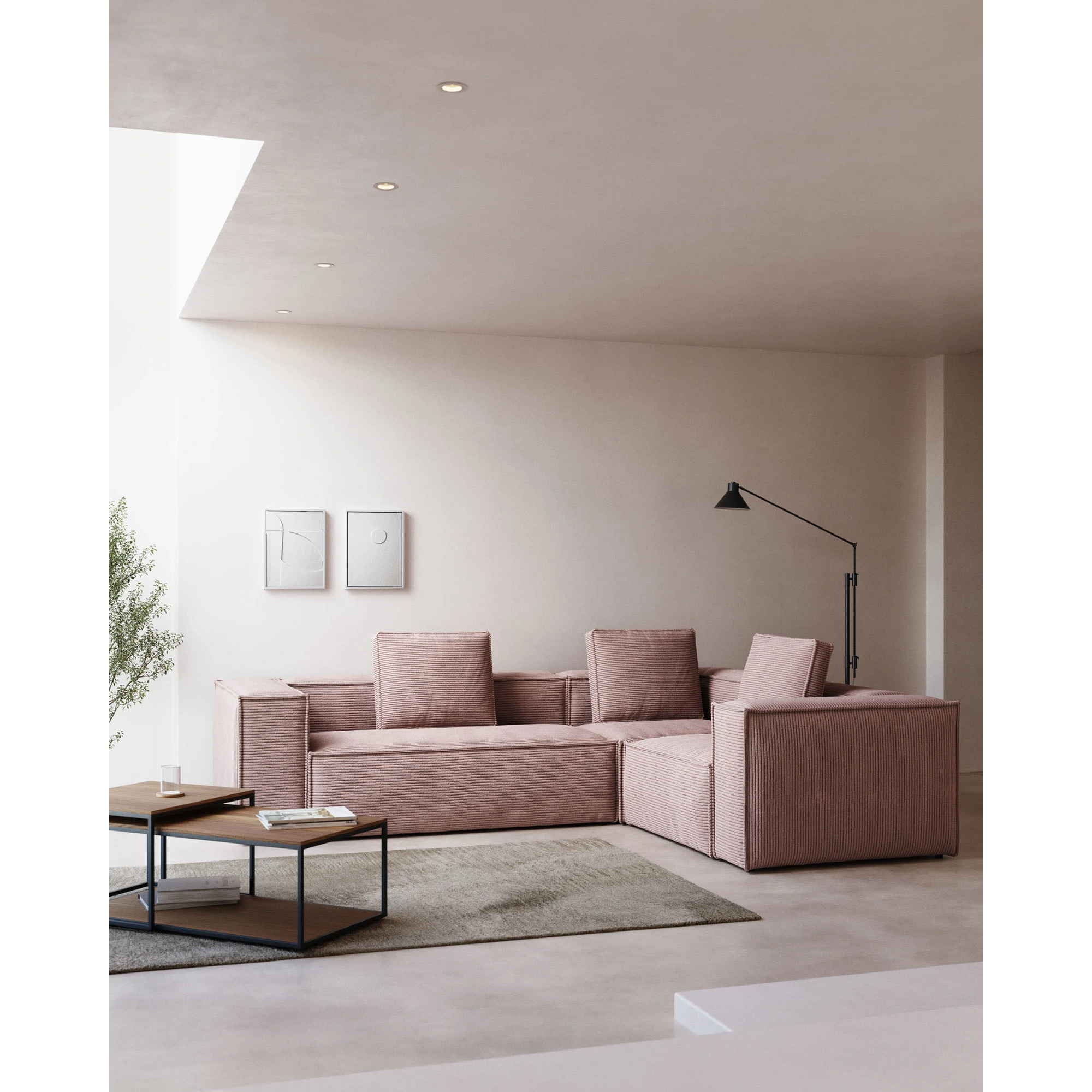 Kave Home Blok 3-Seat Corner Sofa, Corduroy, Pink